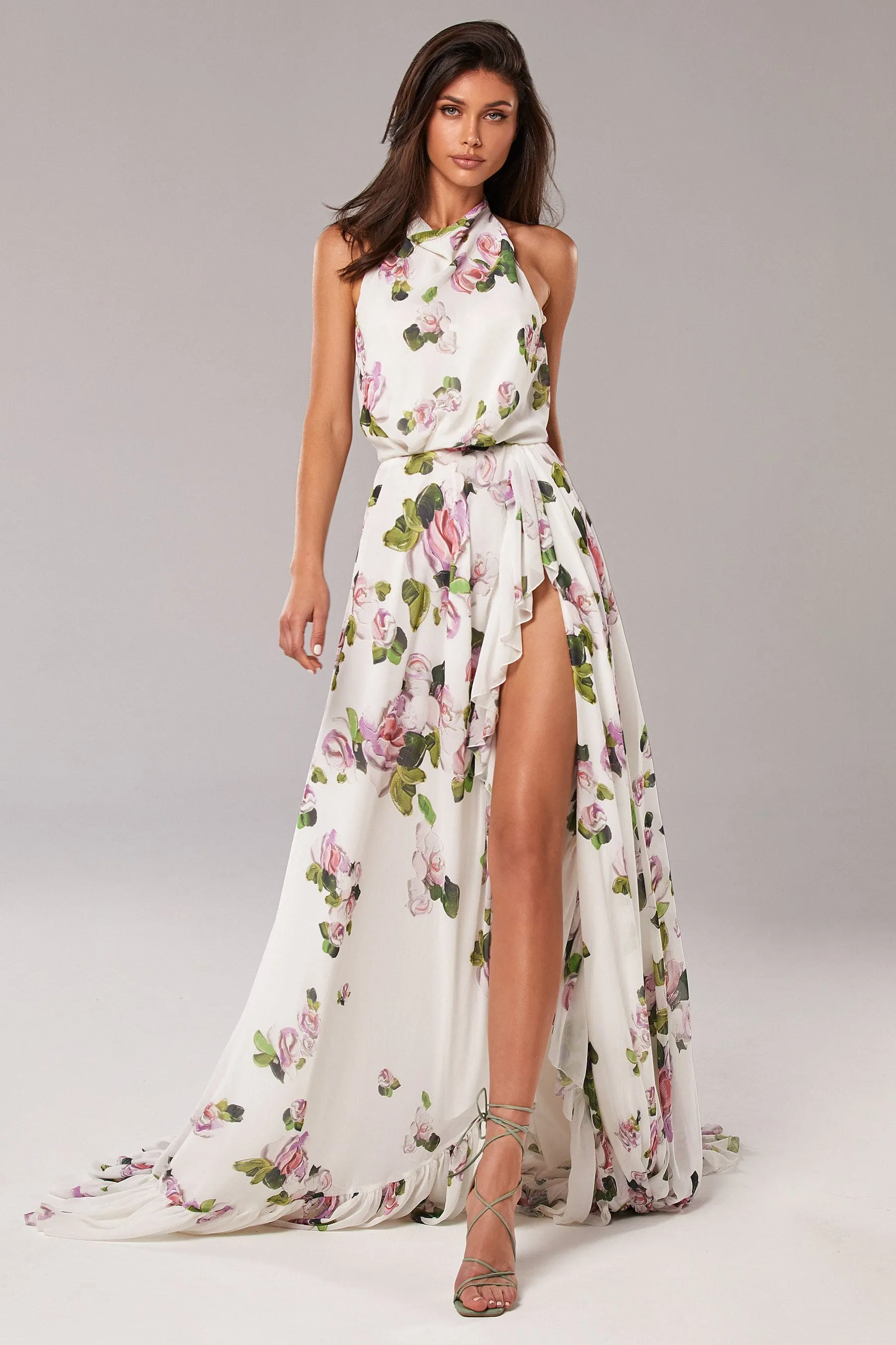 Apple Blossom Mock neck sleeveless evening dress