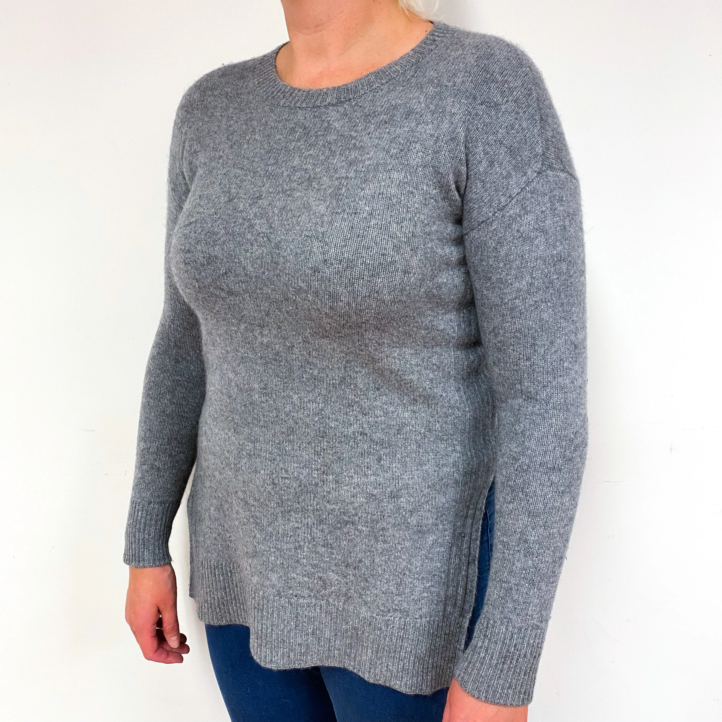 Ash Grey Side Split Cashmere Crew Neck Jumper Large