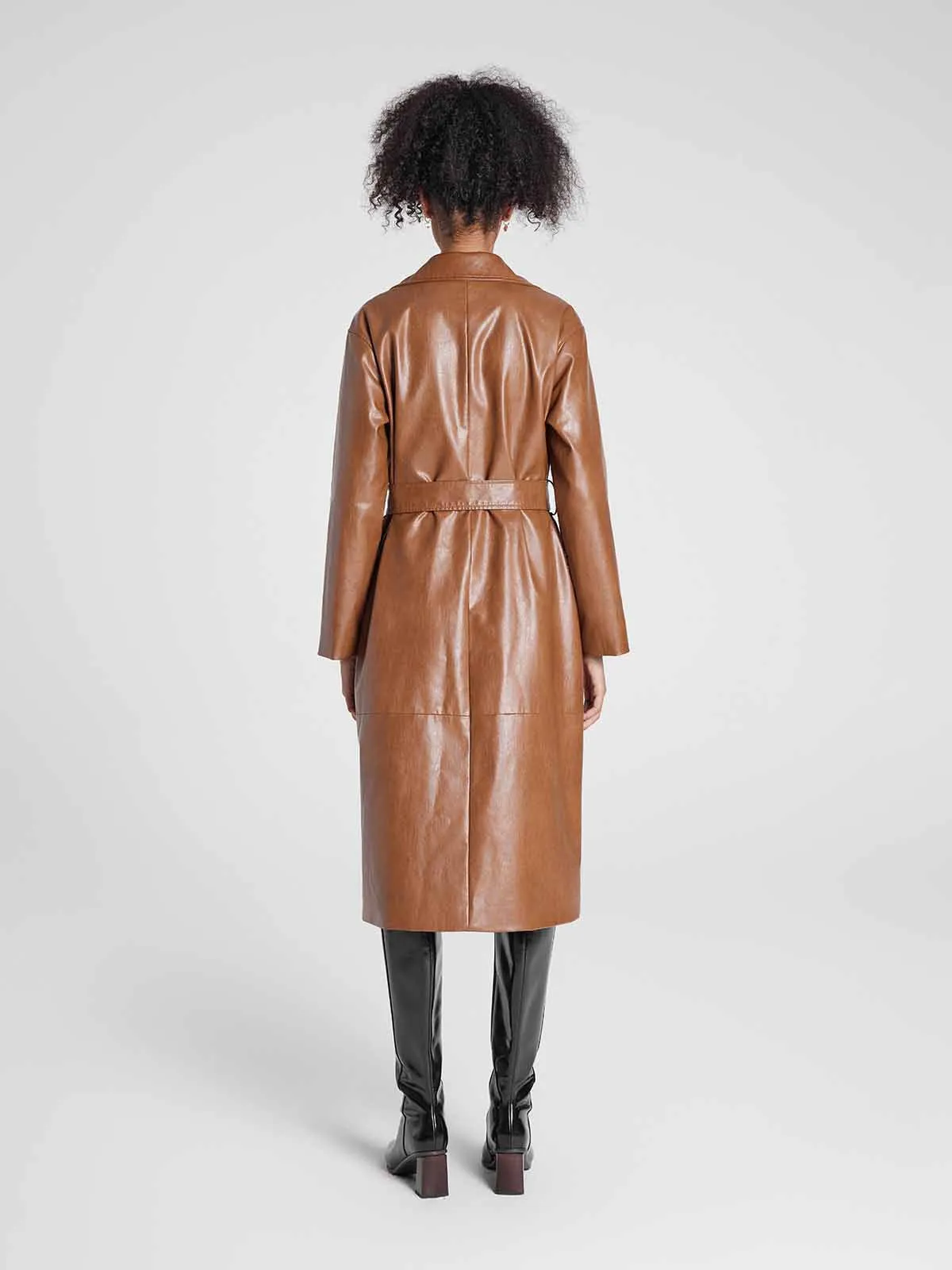 ASOBIO Single-Breasted Long Vegan Leather Trench Coat