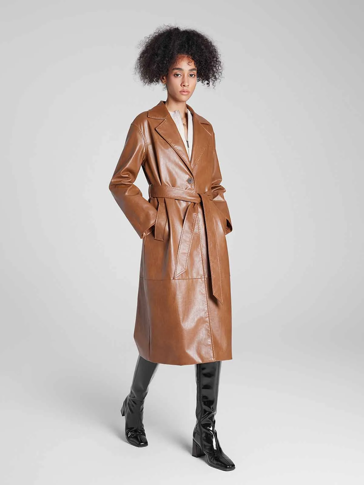 ASOBIO Single-Breasted Long Vegan Leather Trench Coat