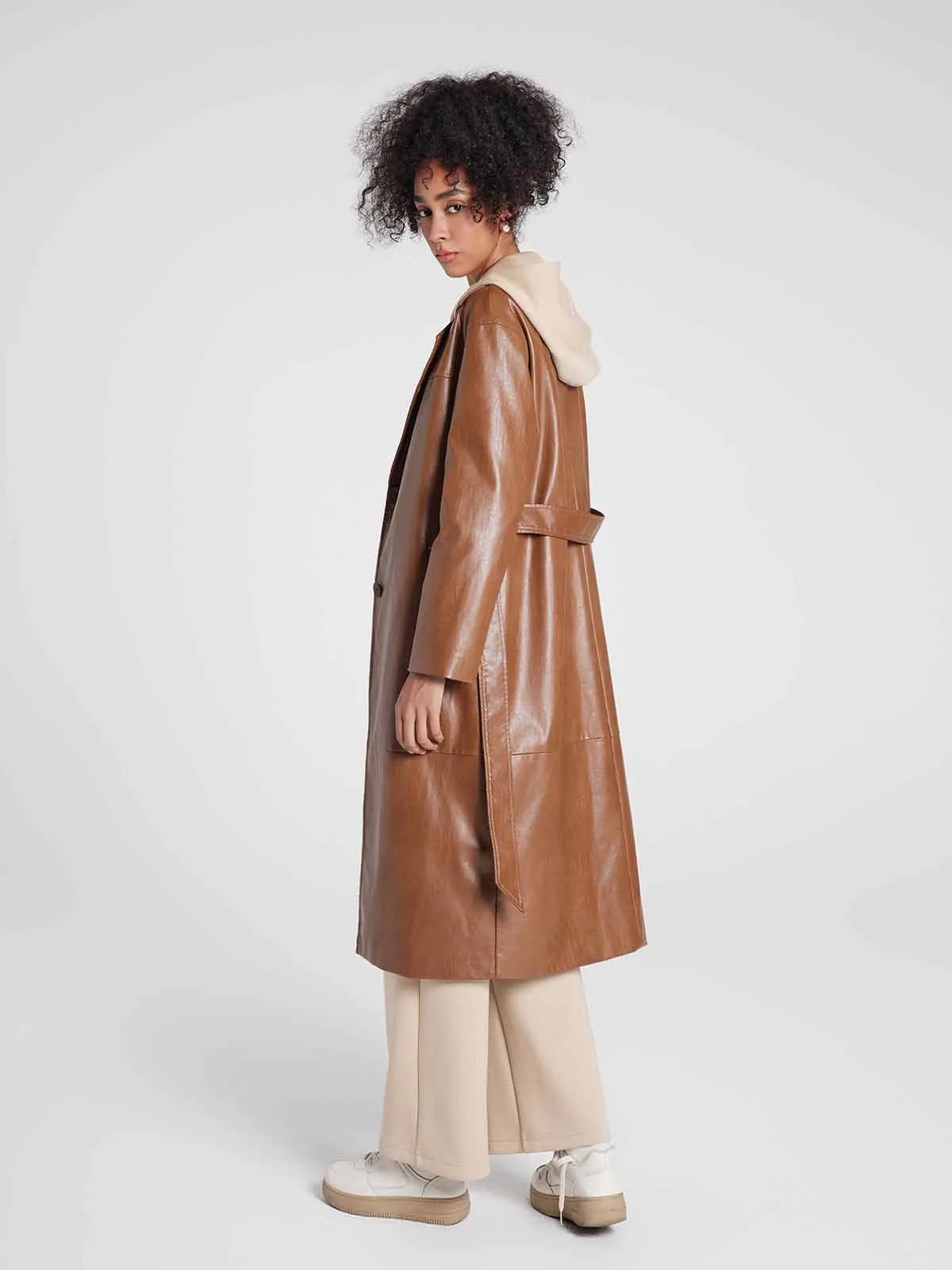 ASOBIO Single-Breasted Long Vegan Leather Trench Coat