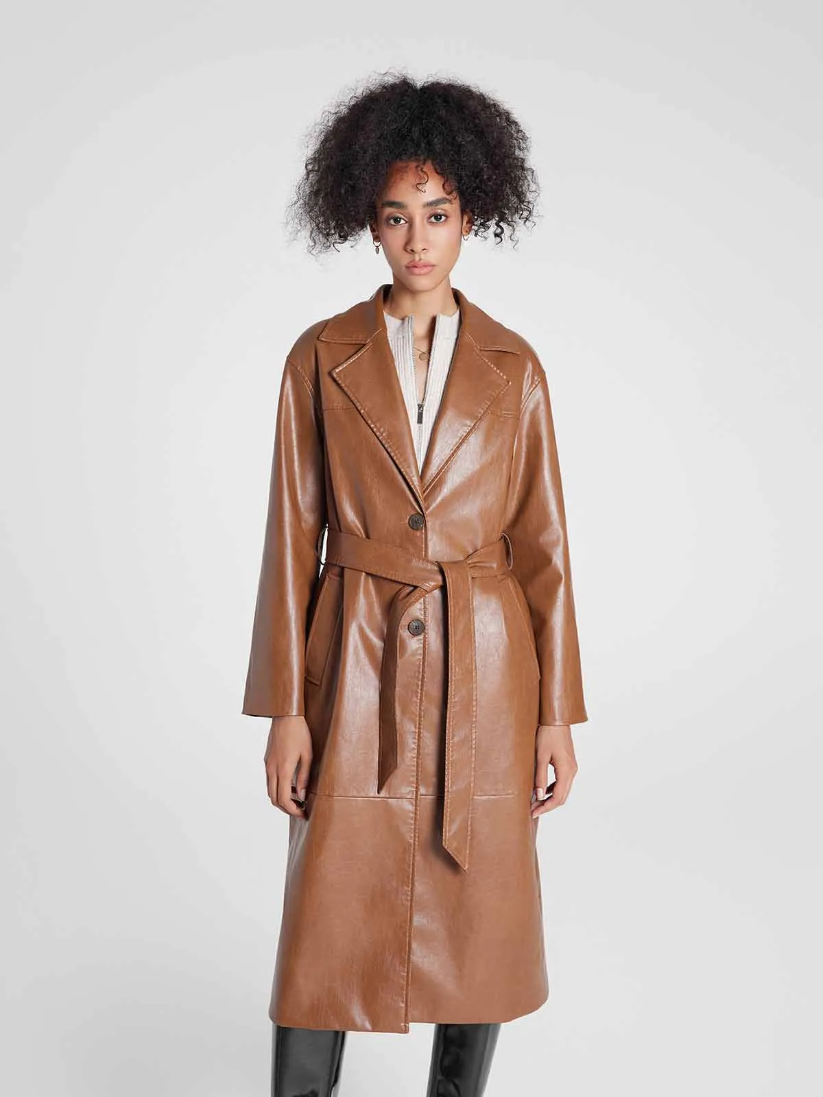 ASOBIO Single-Breasted Long Vegan Leather Trench Coat