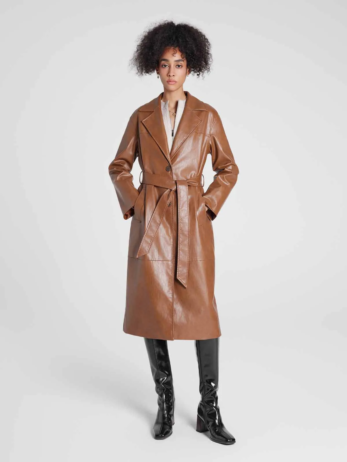 ASOBIO Single-Breasted Long Vegan Leather Trench Coat