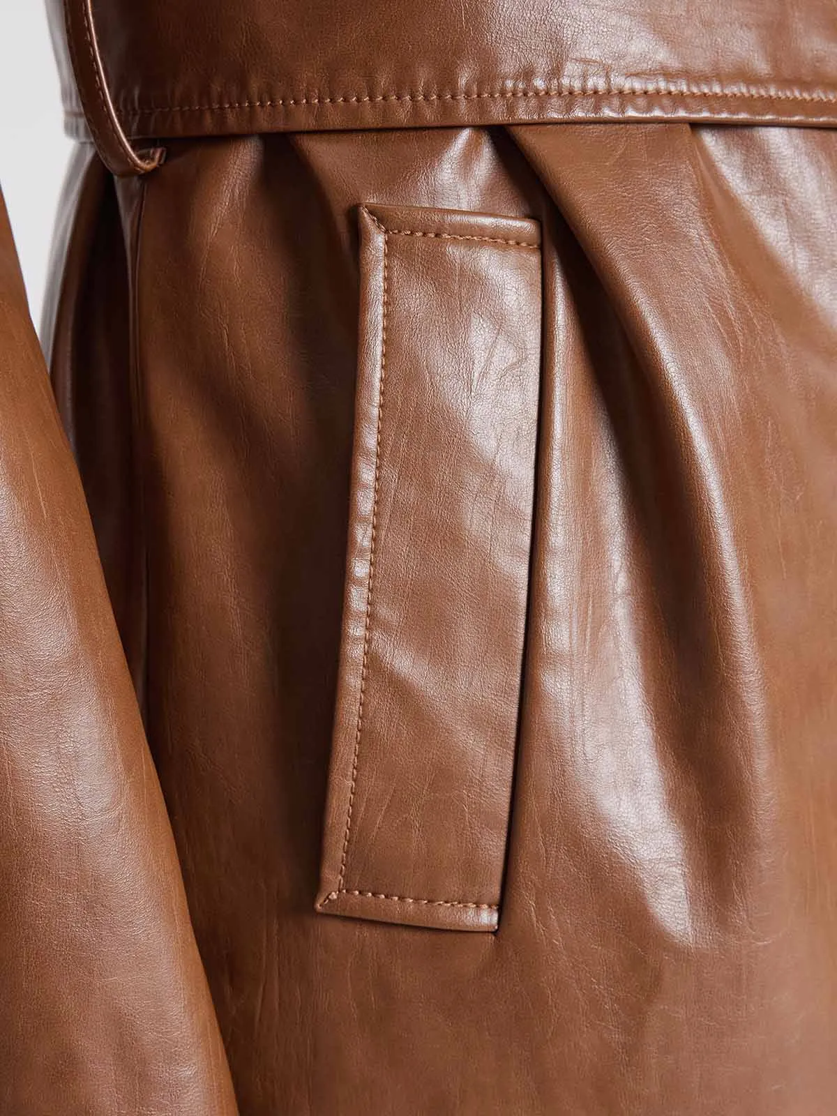 ASOBIO Single-Breasted Long Vegan Leather Trench Coat