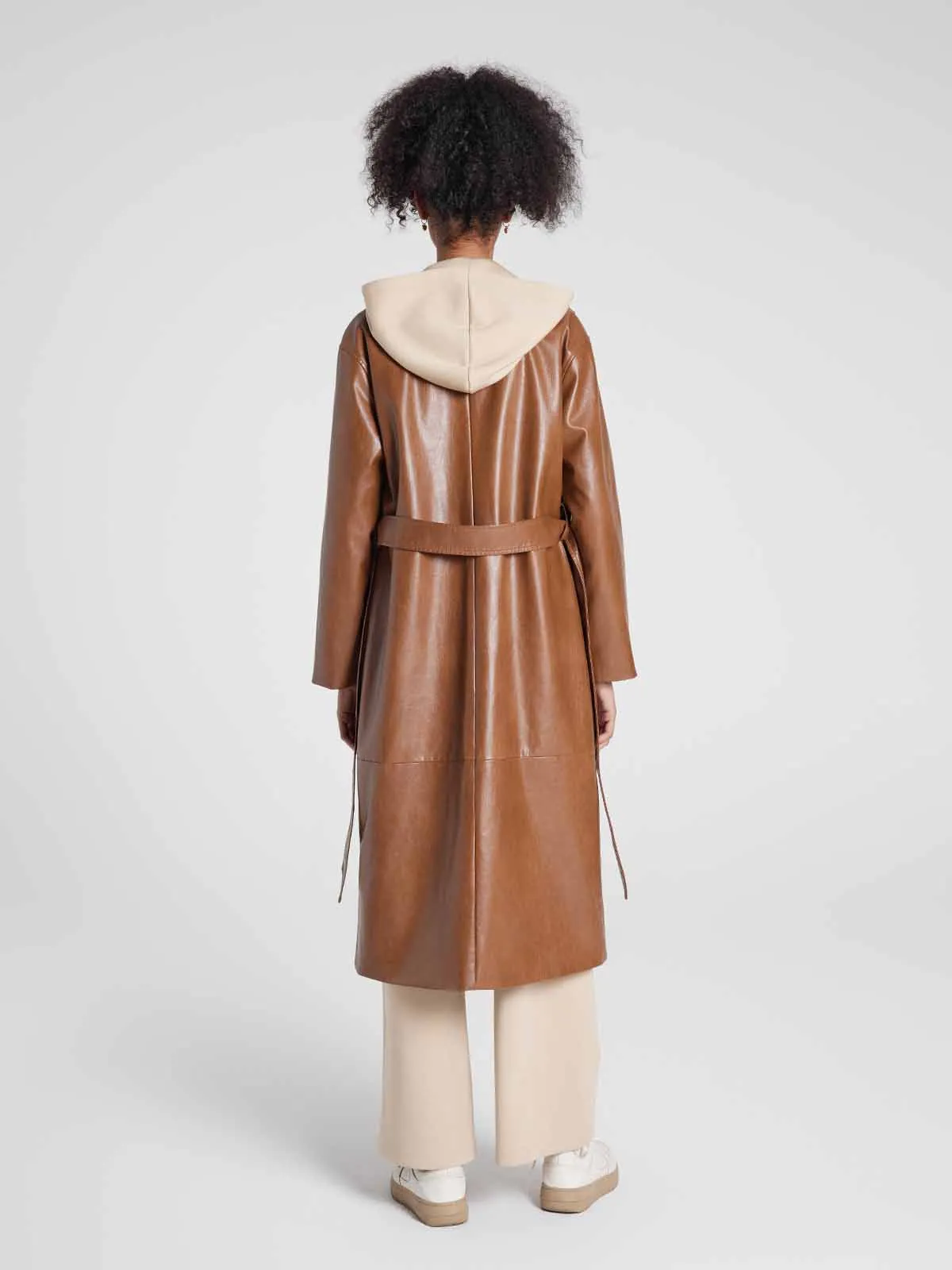 ASOBIO Single-Breasted Long Vegan Leather Trench Coat