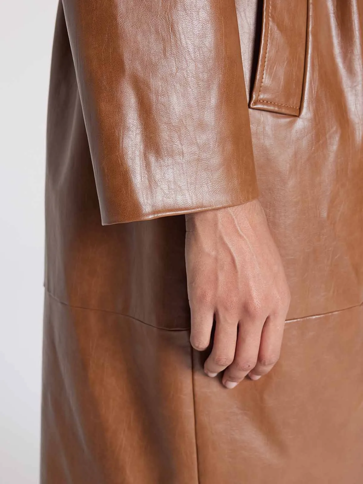 ASOBIO Single-Breasted Long Vegan Leather Trench Coat