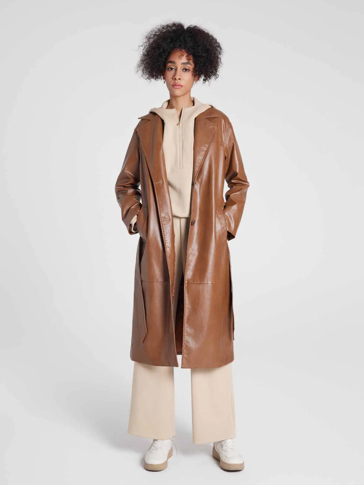 ASOBIO Single-Breasted Long Vegan Leather Trench Coat