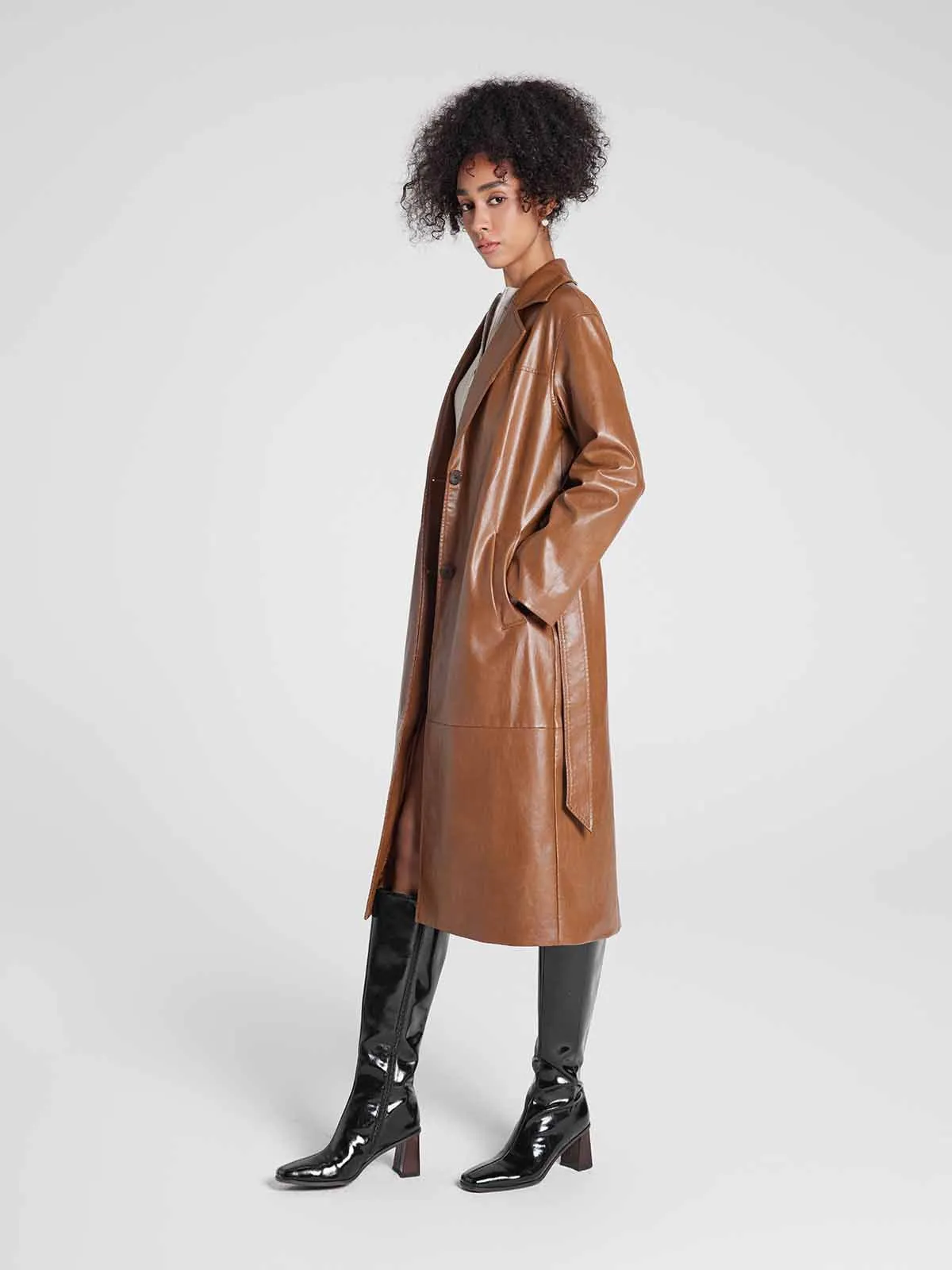 ASOBIO Single-Breasted Long Vegan Leather Trench Coat