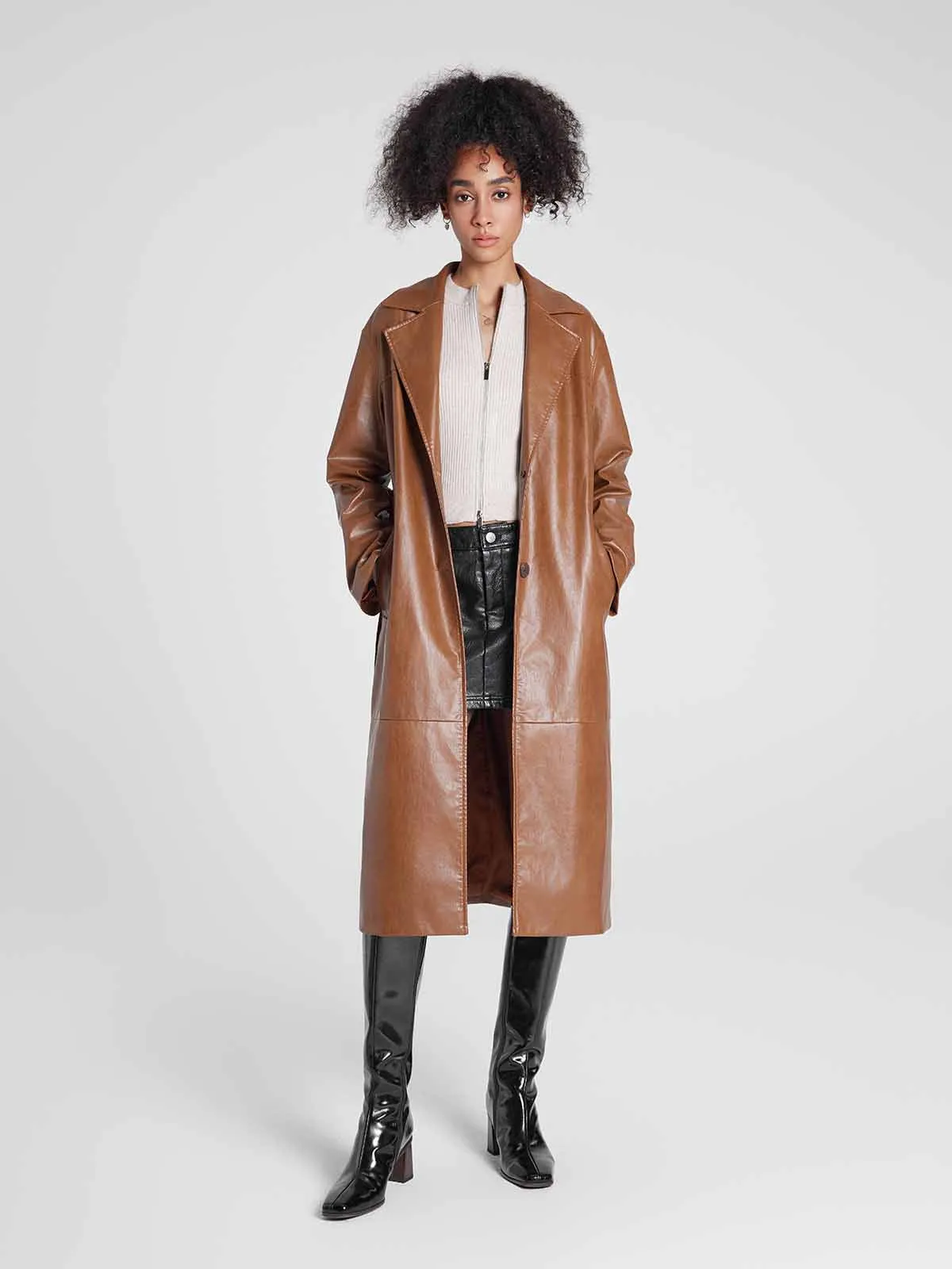 ASOBIO Single-Breasted Long Vegan Leather Trench Coat