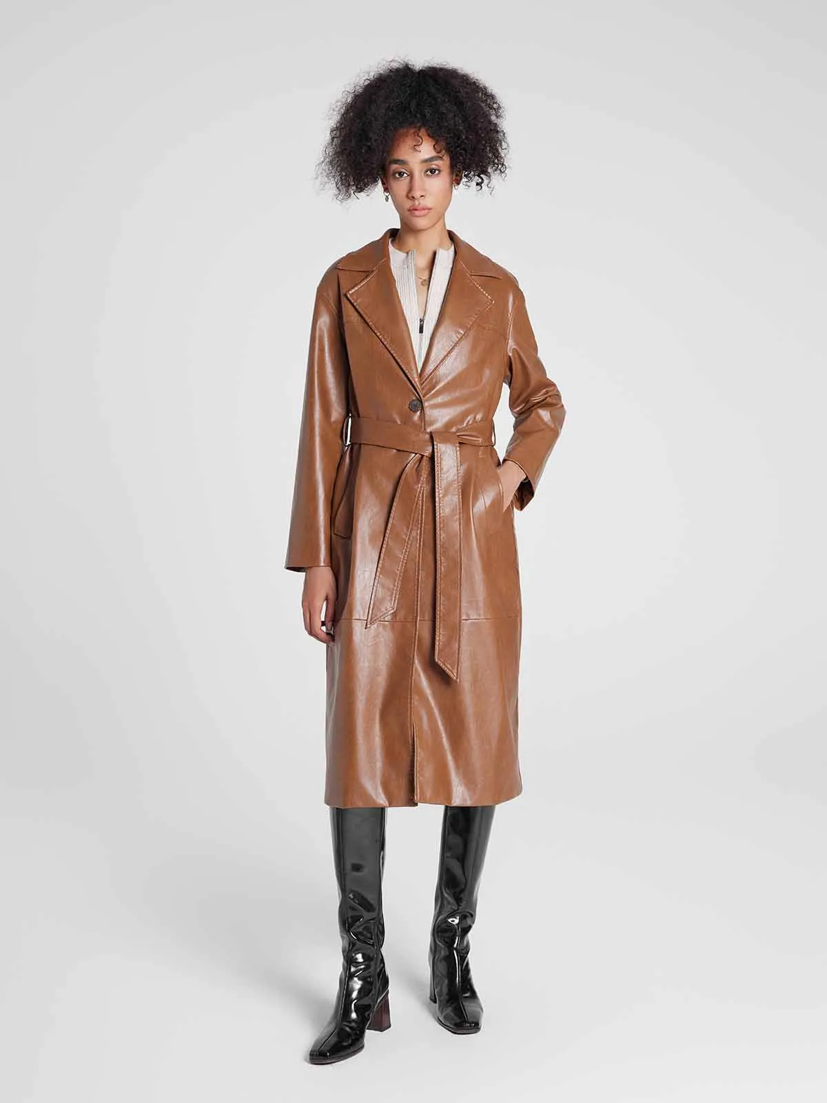 ASOBIO Single-Breasted Long Vegan Leather Trench Coat