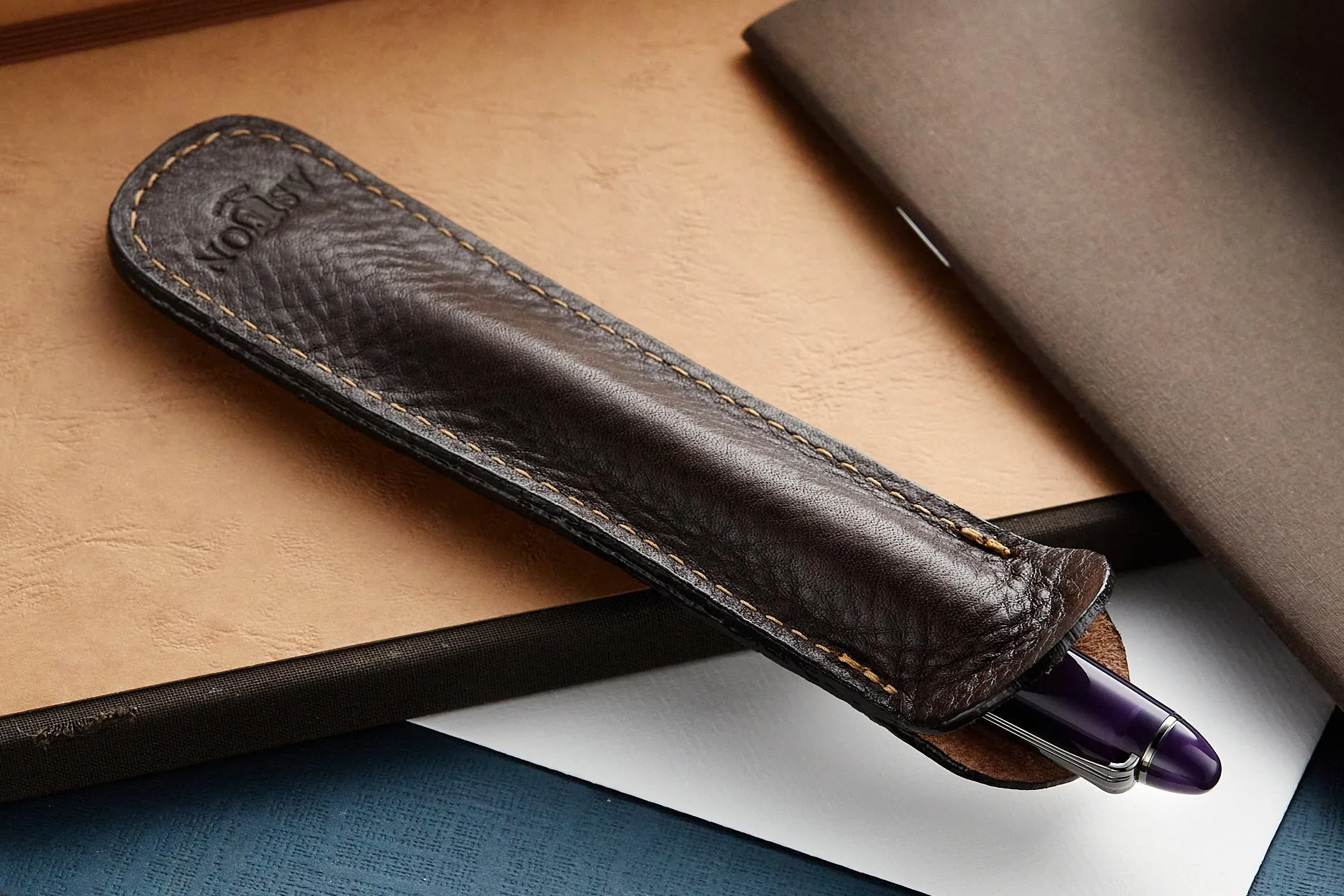 Aston Leather Single Slip Pen Pouch - Dark Brown