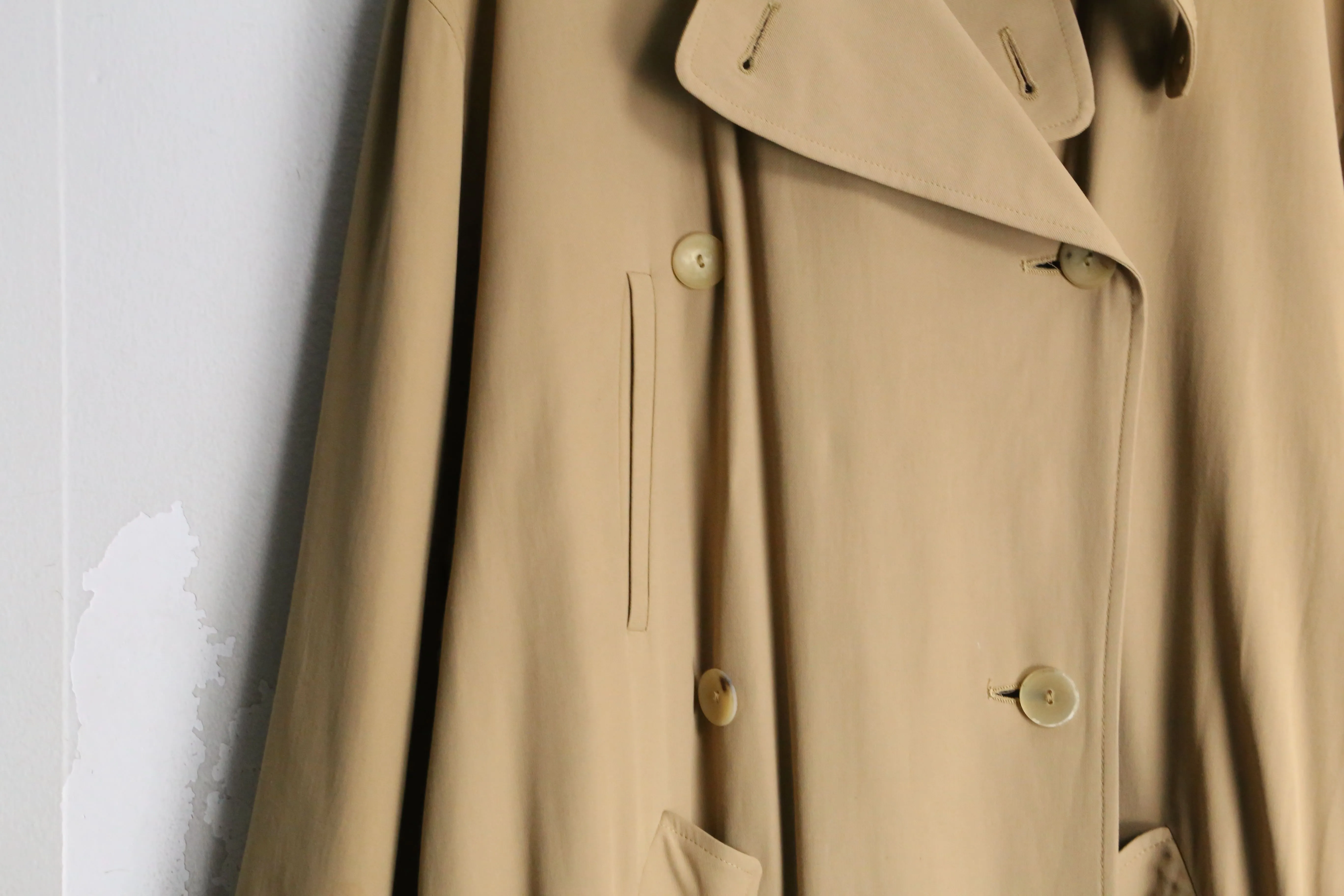 beige drape silhouette long trench coat