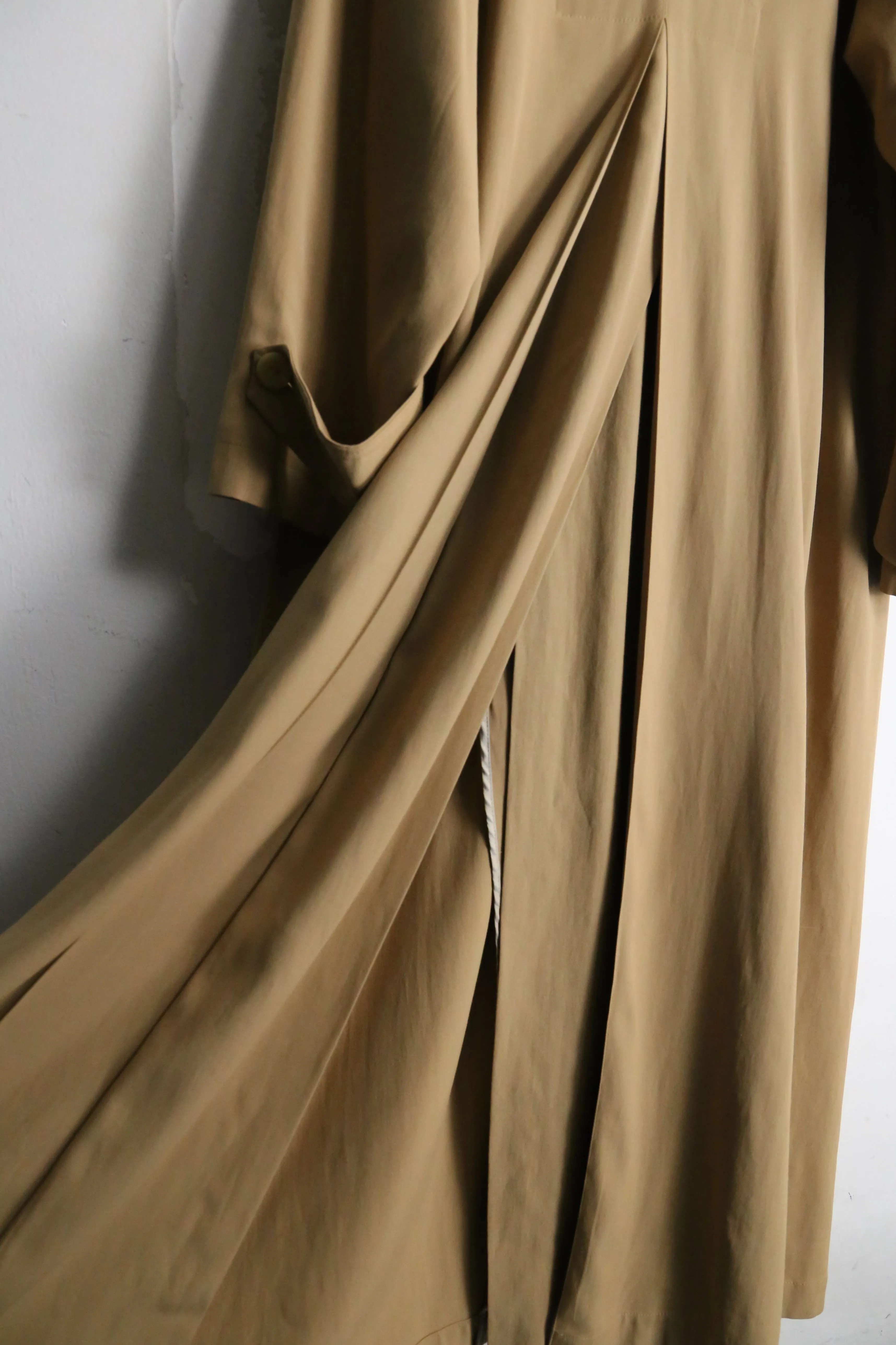 beige drape silhouette long trench coat