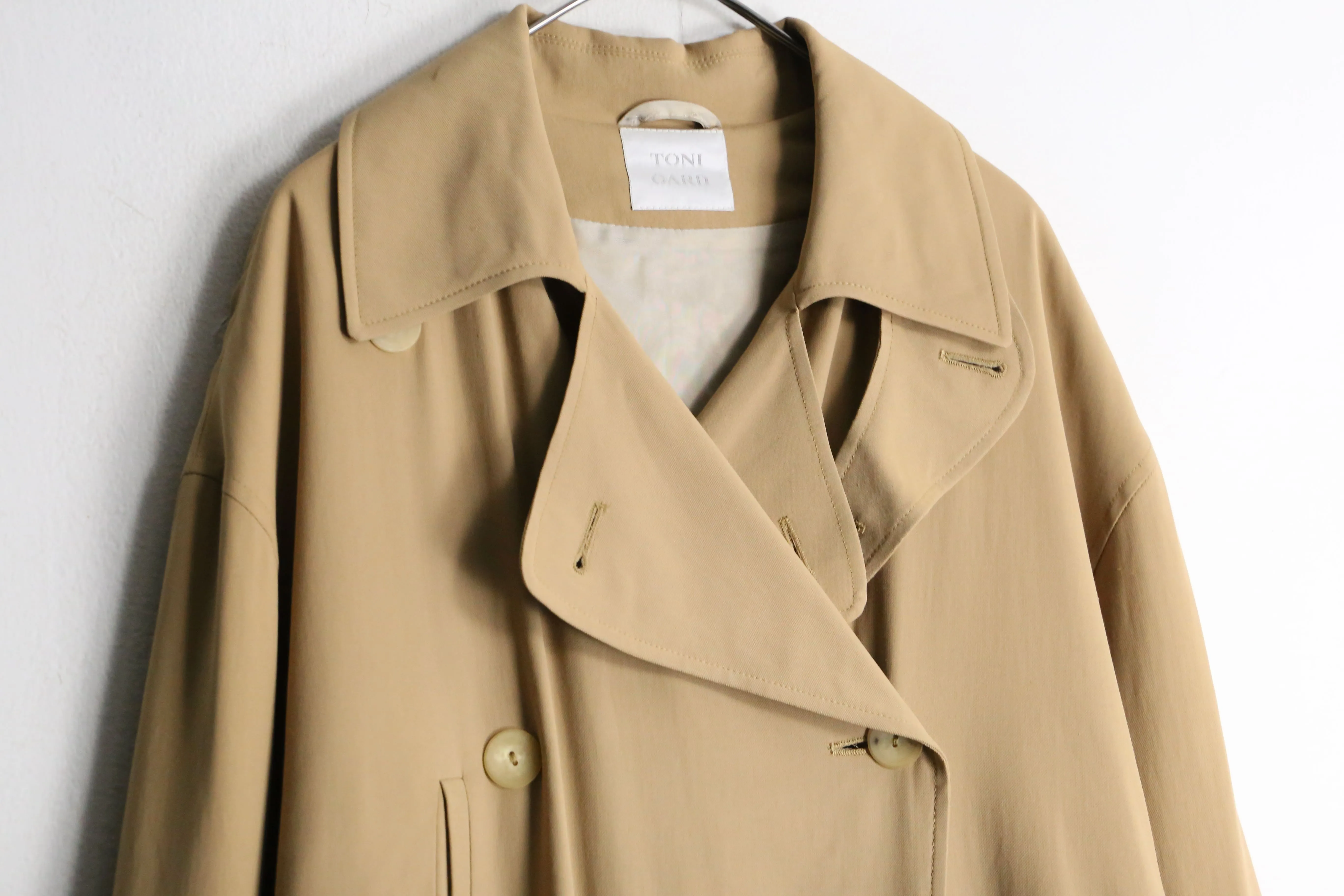 beige drape silhouette long trench coat