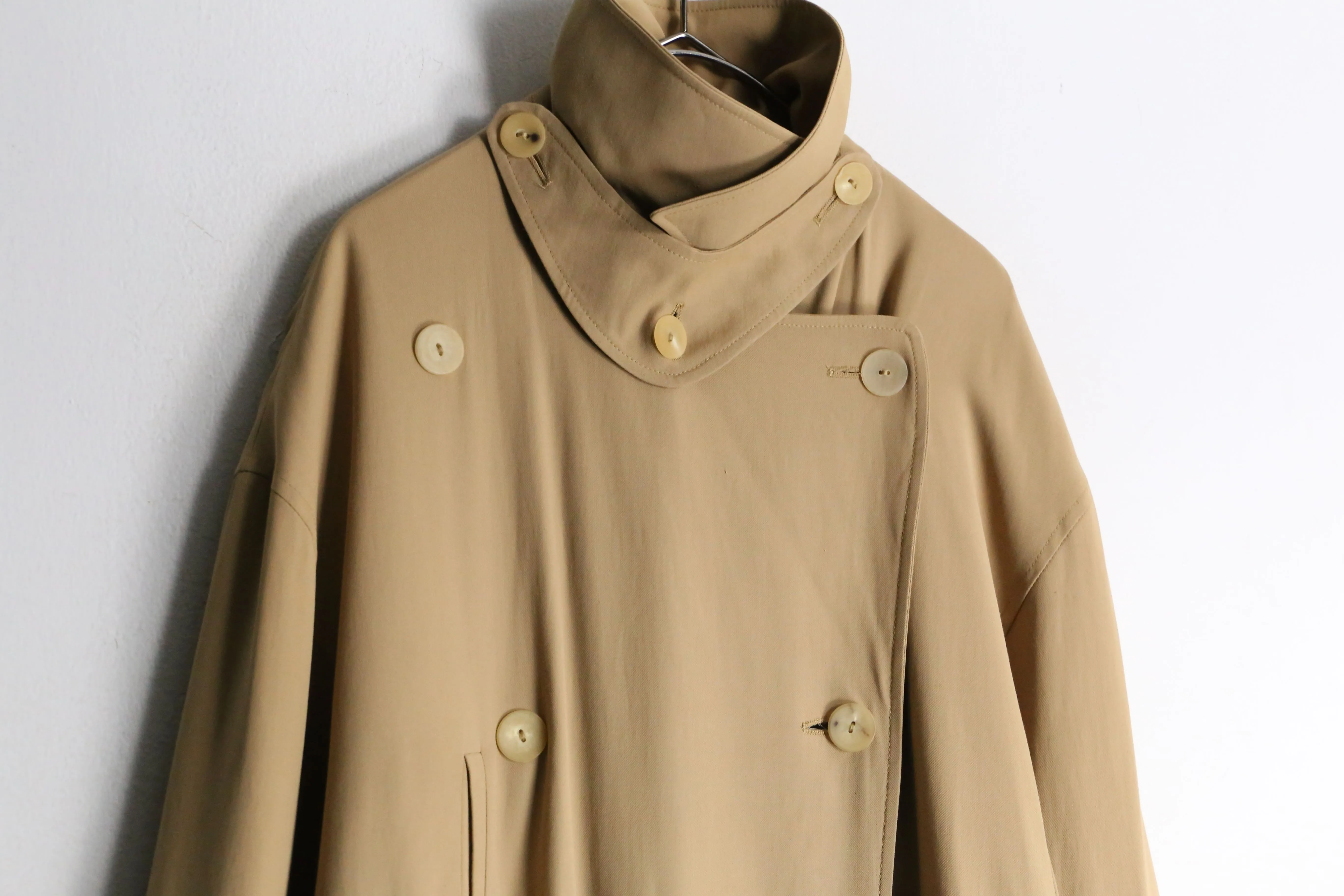 beige drape silhouette long trench coat