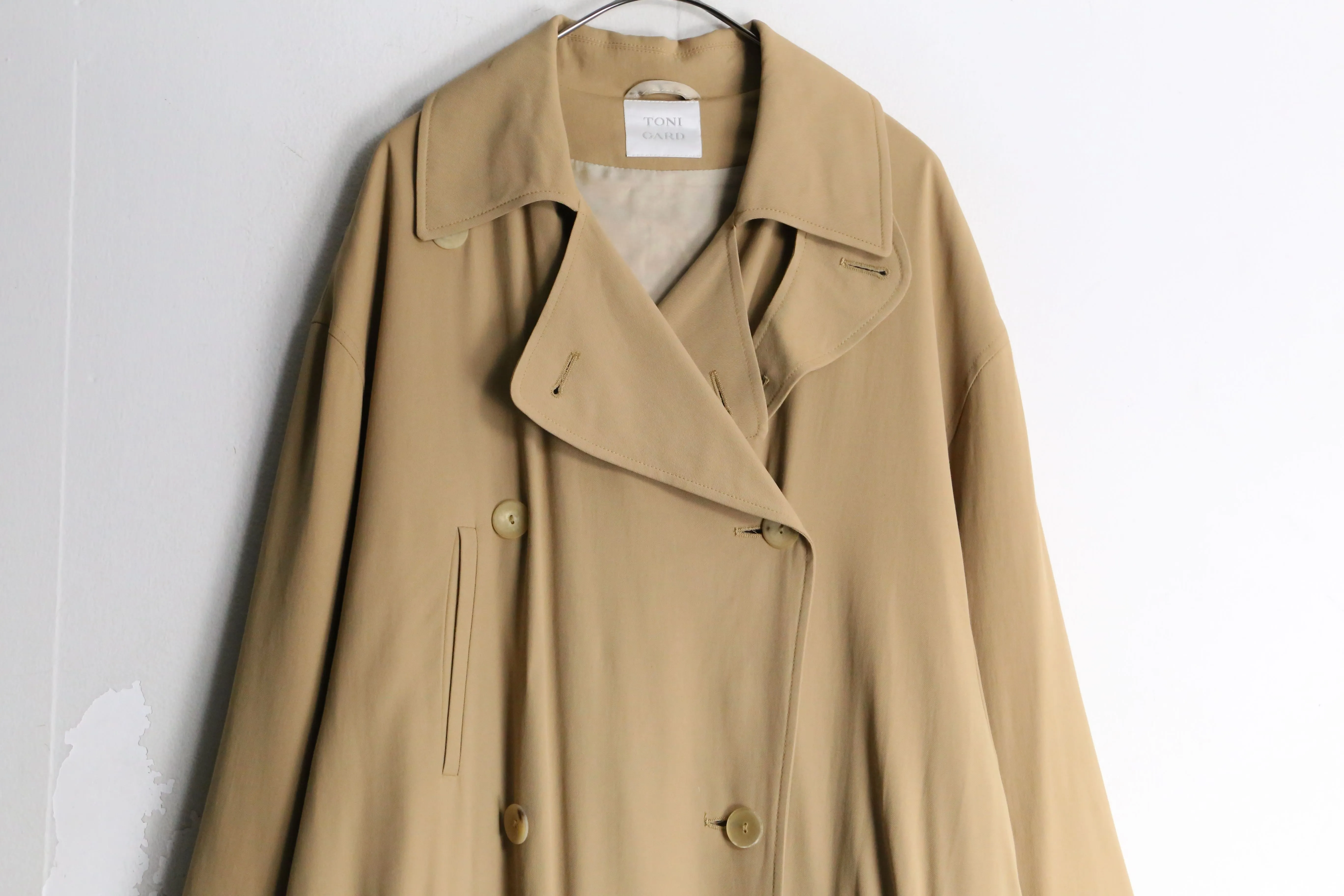 beige drape silhouette long trench coat