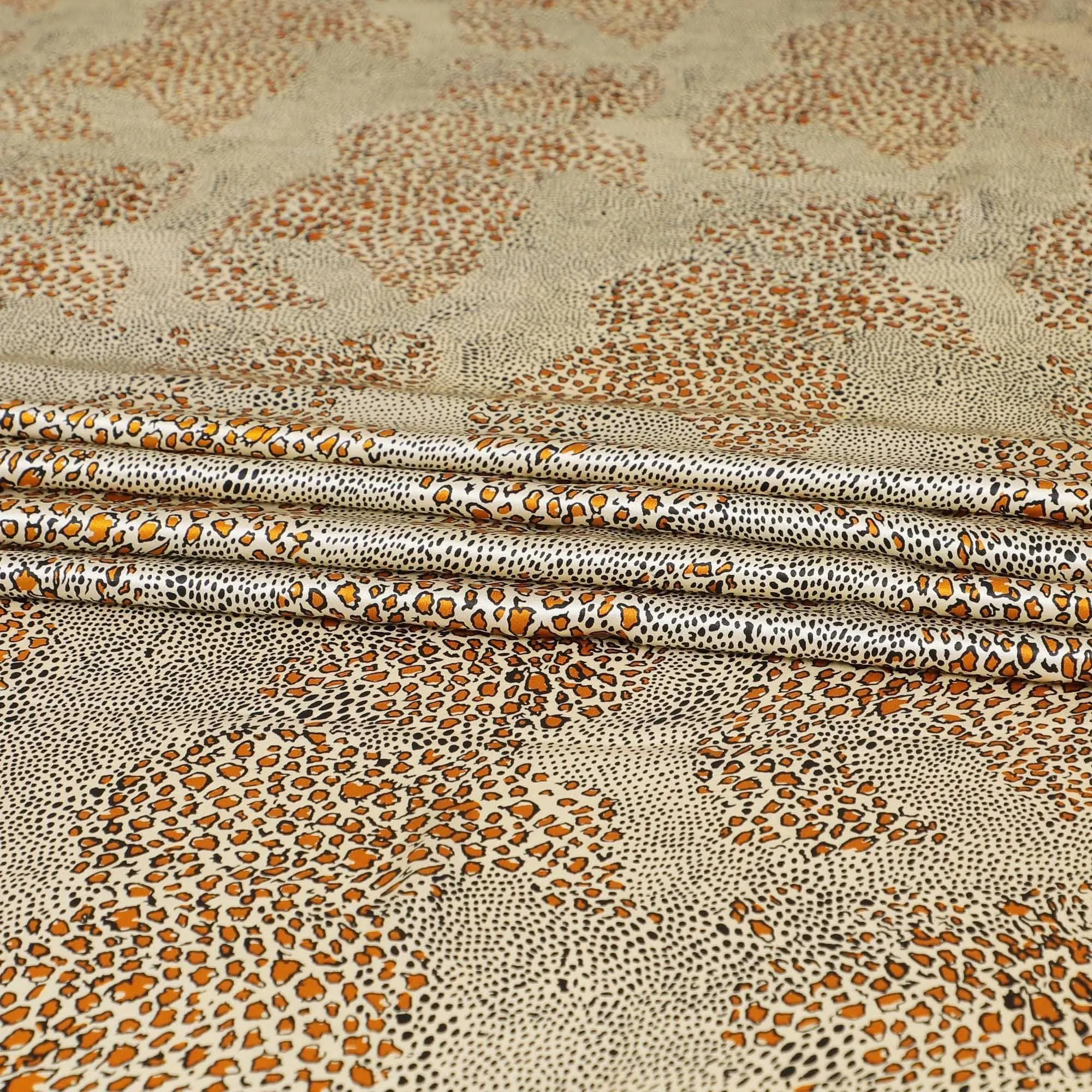 Beige premium 100% Pure silk satin fabric with black and squash orange print in animal skin design-D9293