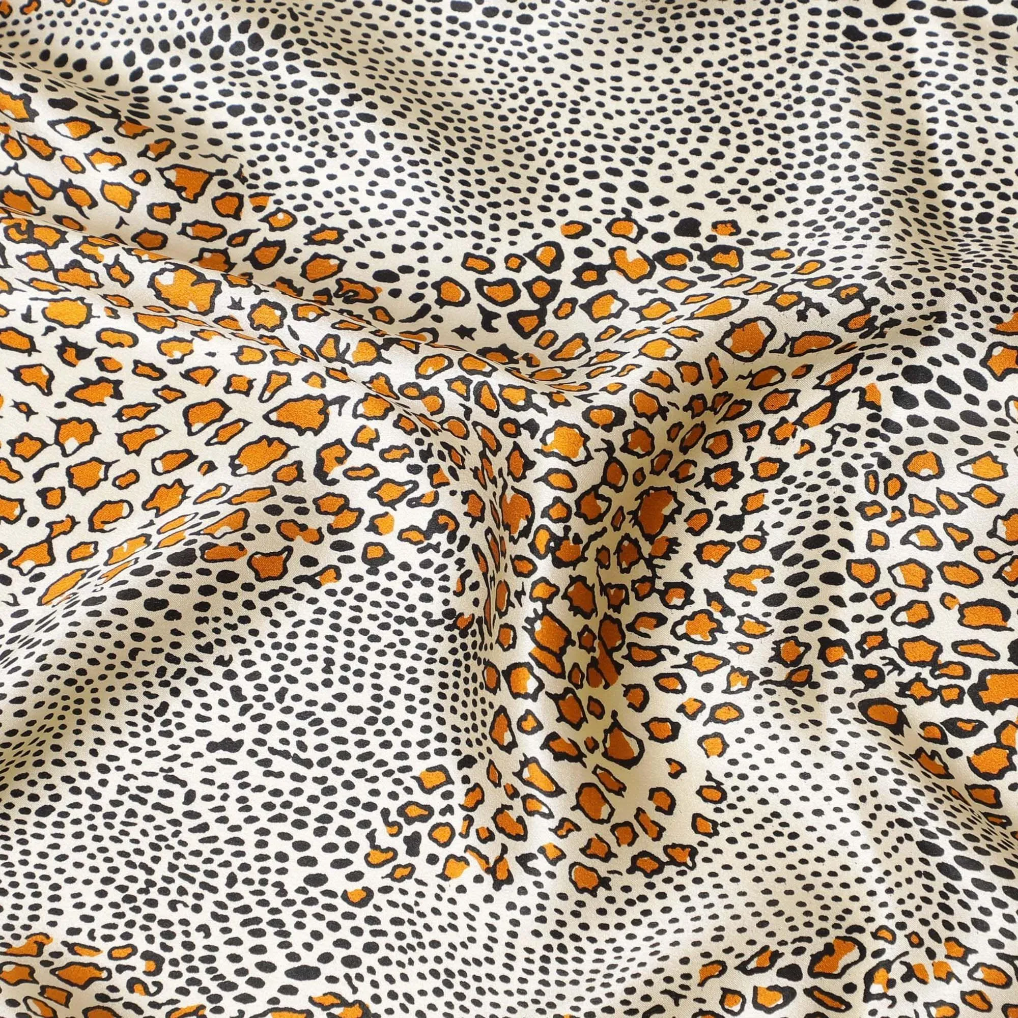 Beige premium 100% Pure silk satin fabric with black and squash orange print in animal skin design-D9293