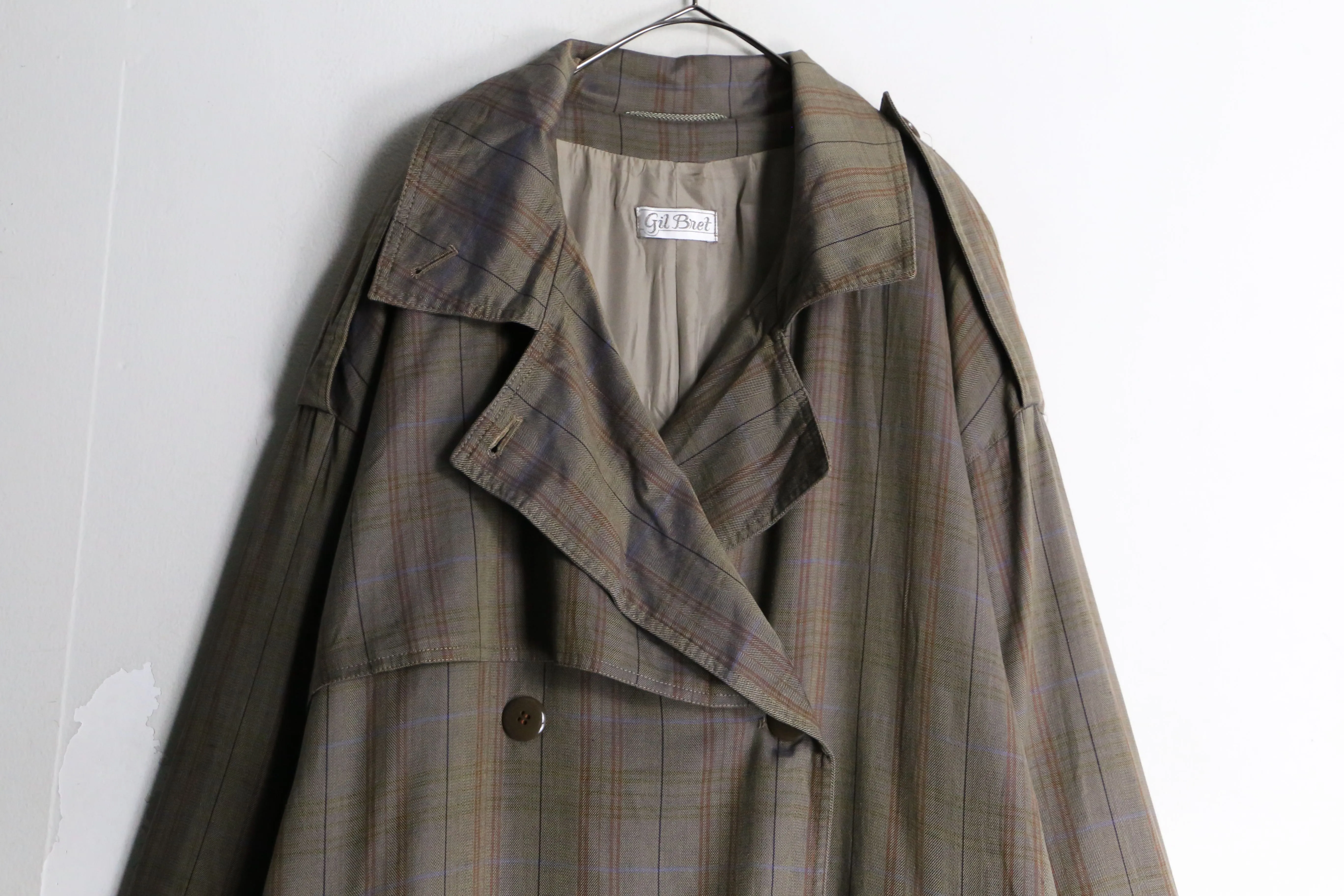 beige tone check pattern trench coat