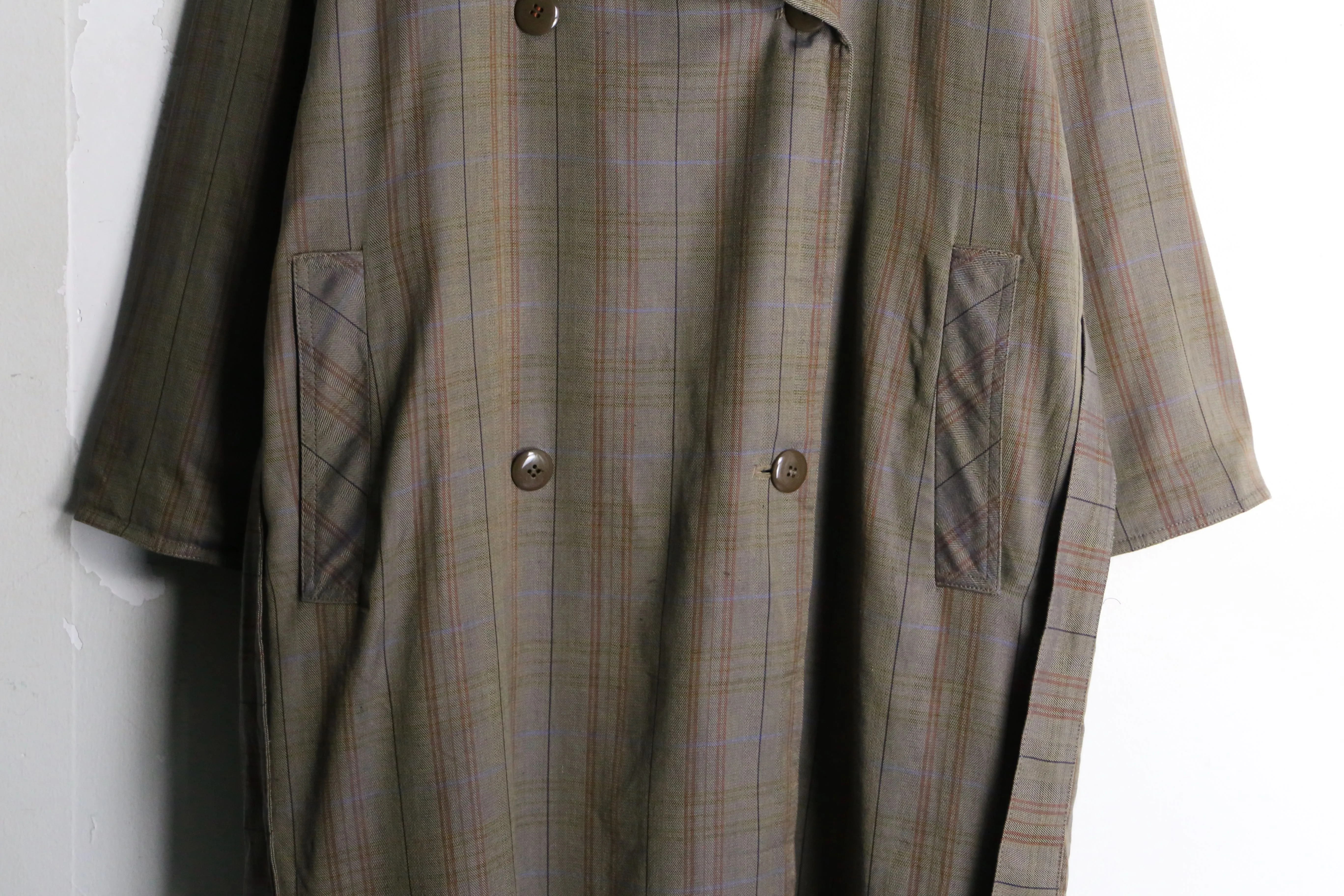 beige tone check pattern trench coat