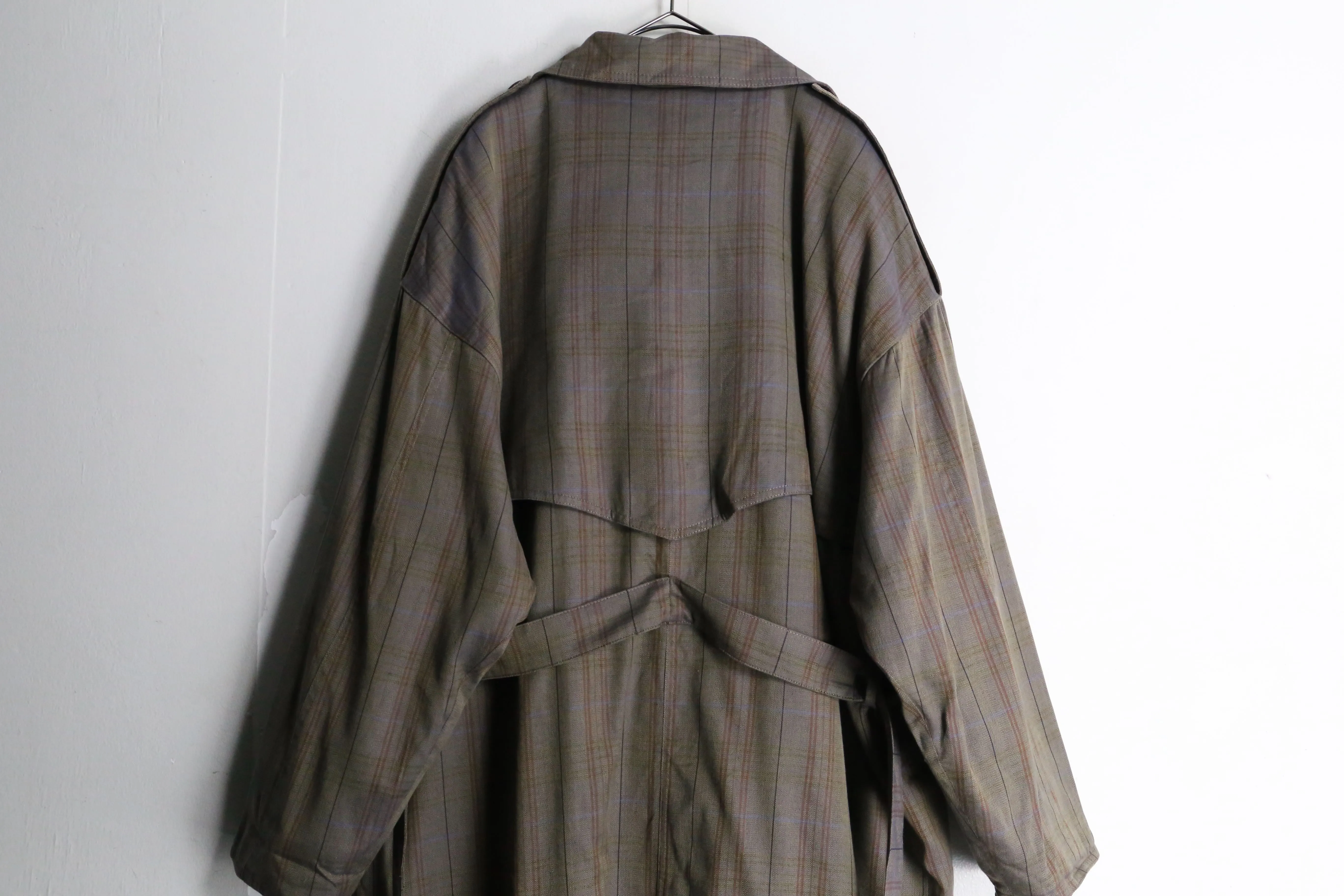 beige tone check pattern trench coat