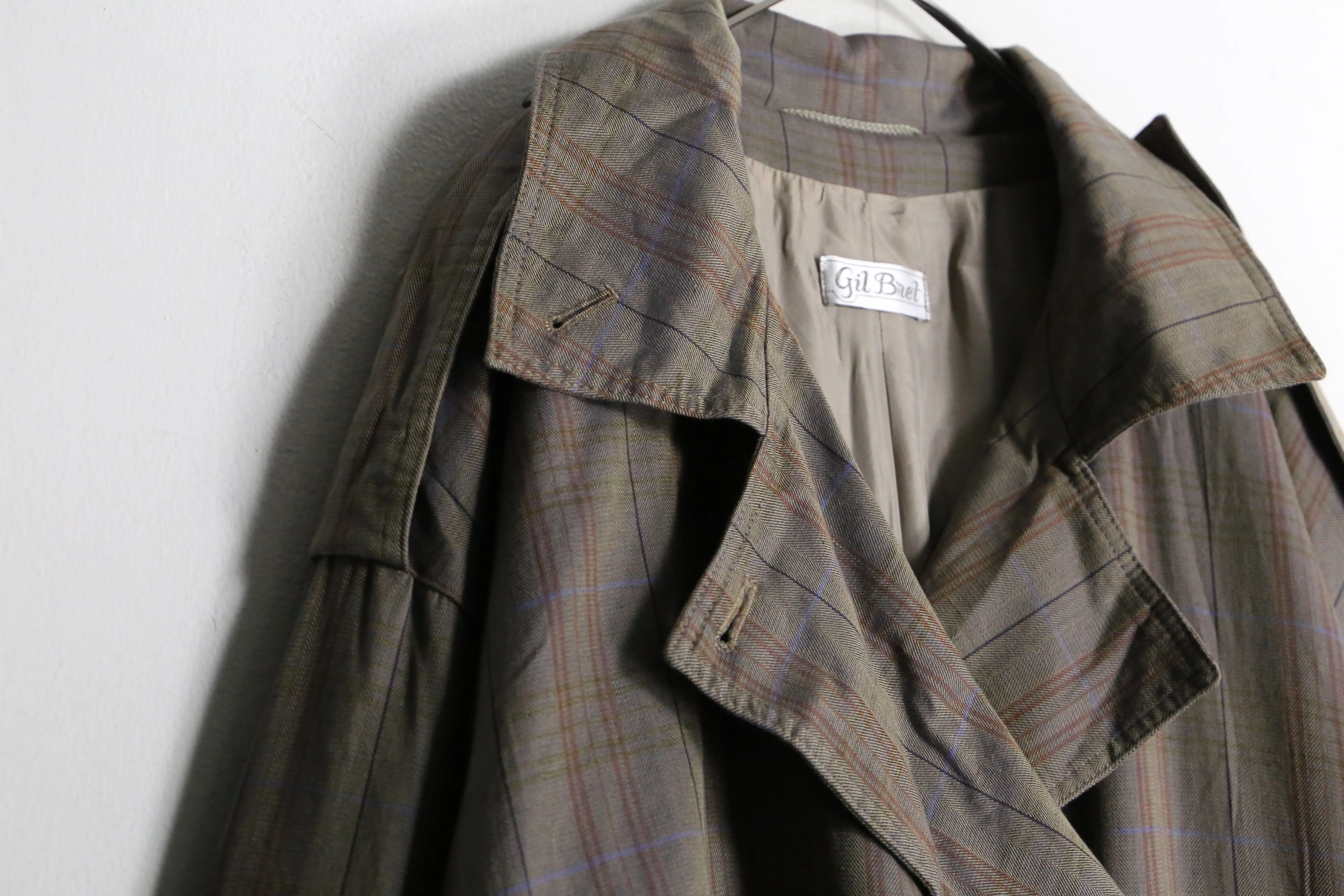 beige tone check pattern trench coat