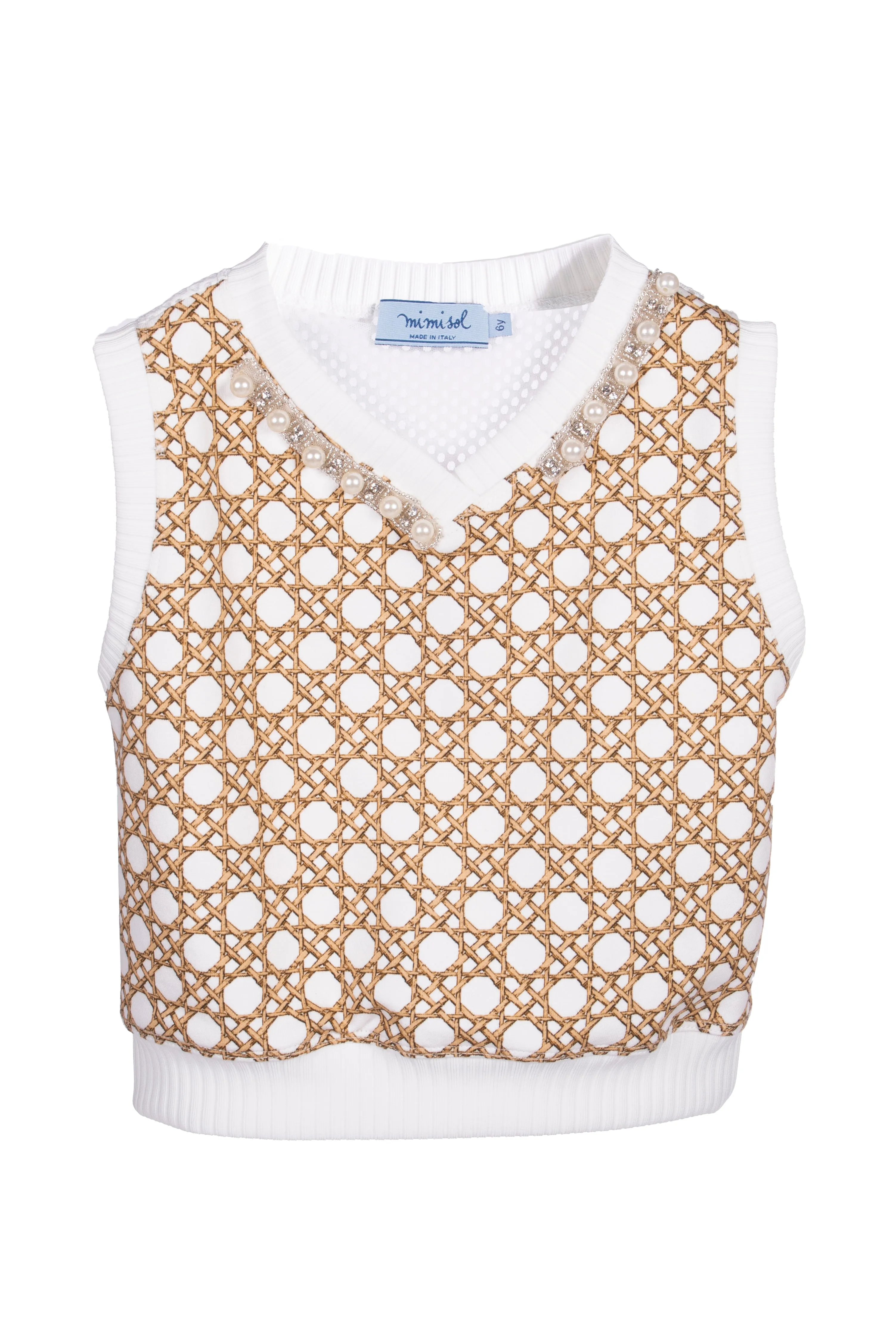 Beige Woven Print Vest Top with Rhinestone Trim