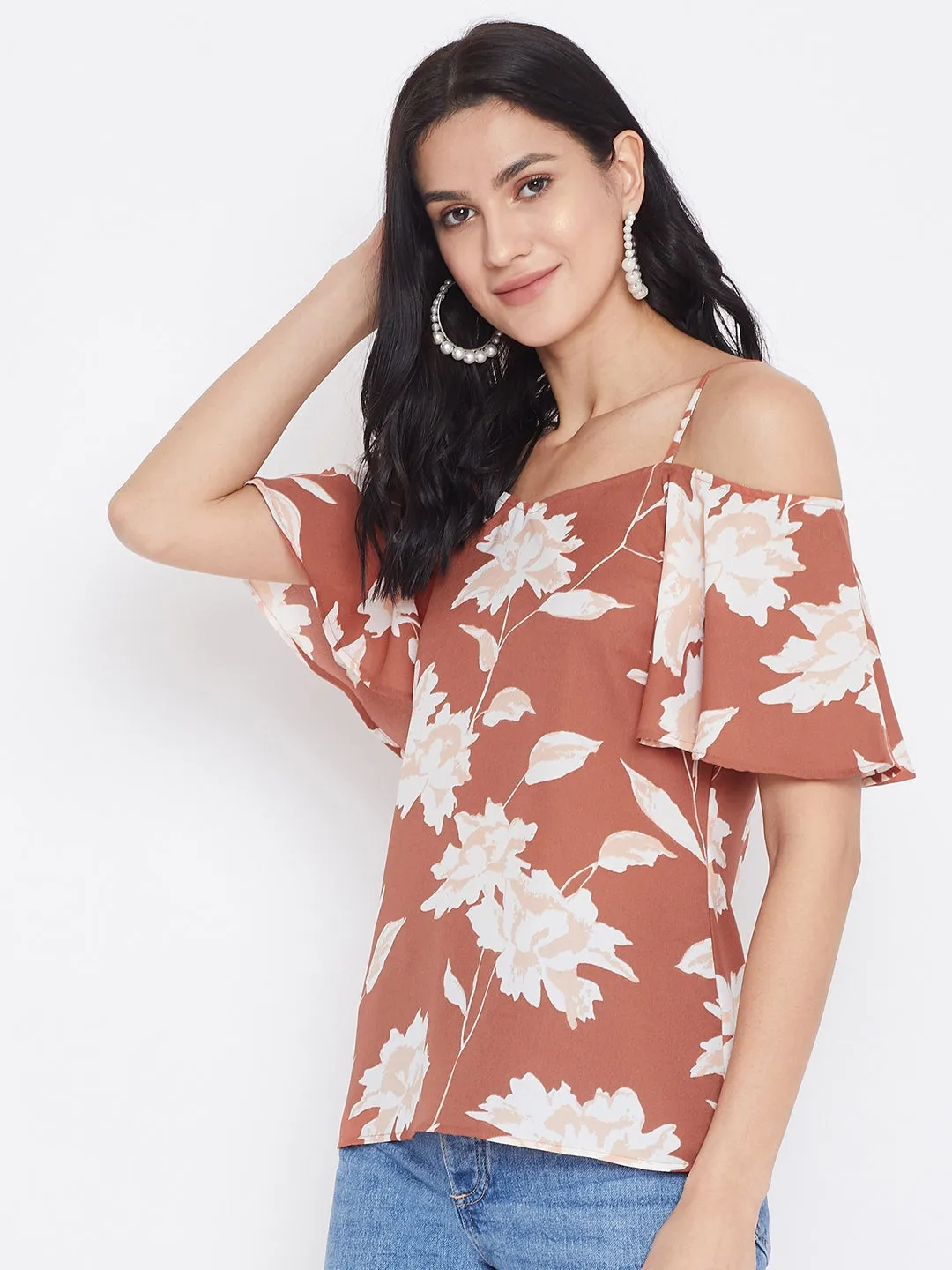 Berrylush Women Brown Floral Printed Cold Shoulder Bardot Top