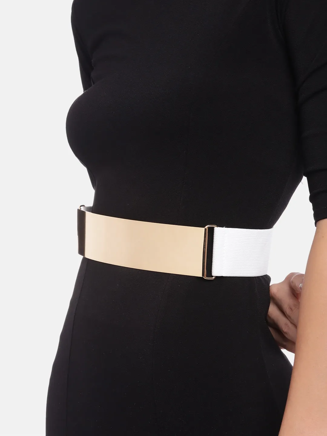 Berrylush Women White Elastic Strap Golden Buckle Belt