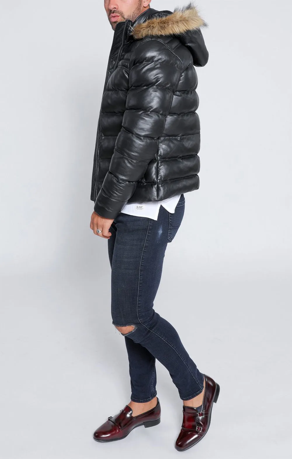 Black Fur Puffer Leather Jacket