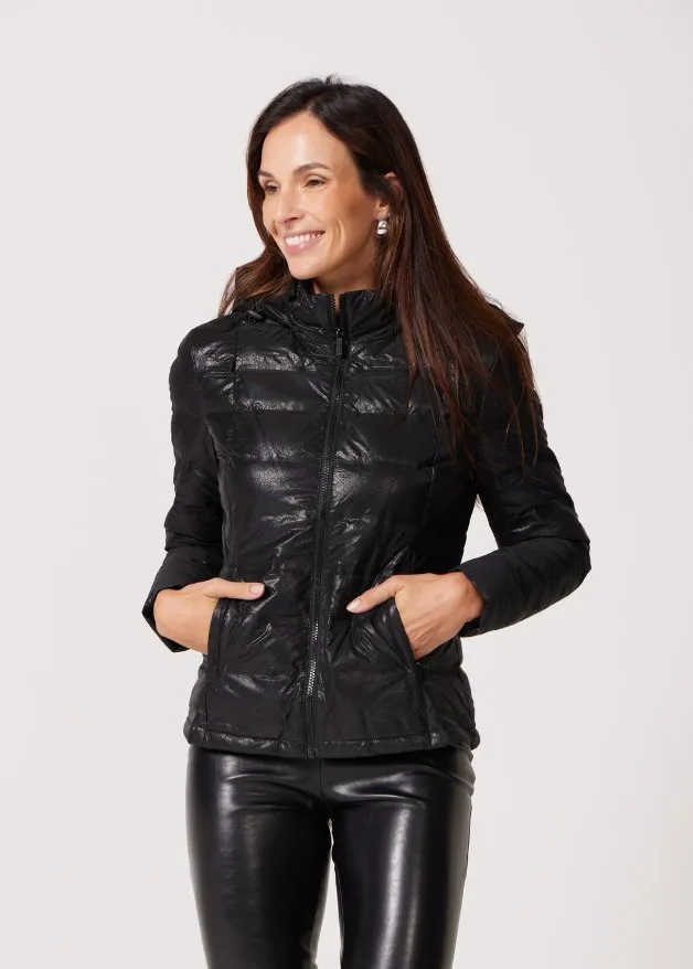 Black Leather Look Duck Down Puffer Jacket