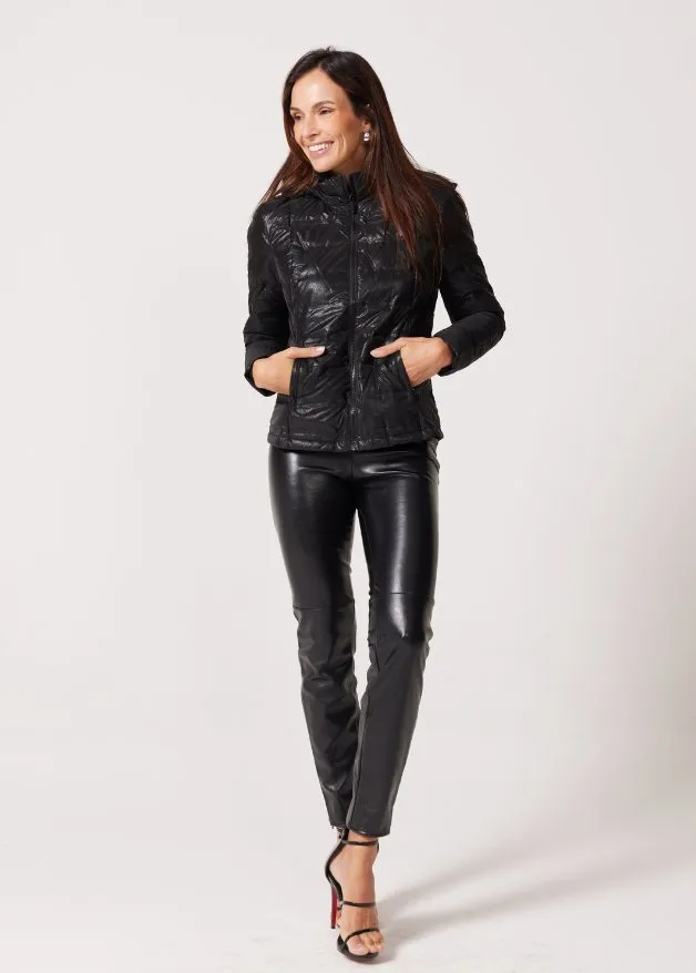 Black Leather Look Duck Down Puffer Jacket