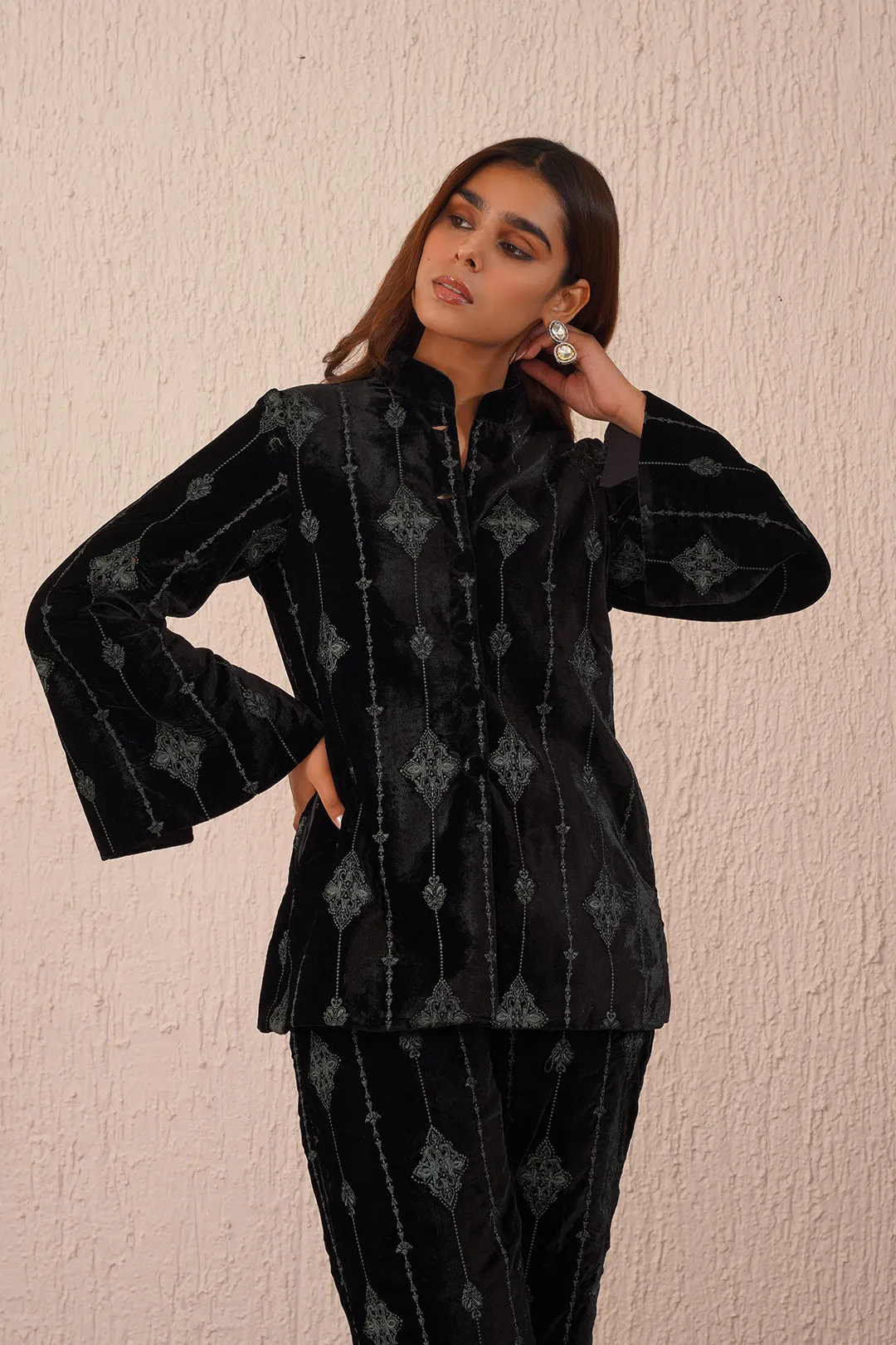 Black Velvet Coat Set with Thread Embroidery