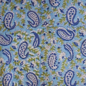 Block Printed Indian Cotton - Ornamental Paisley in Blue