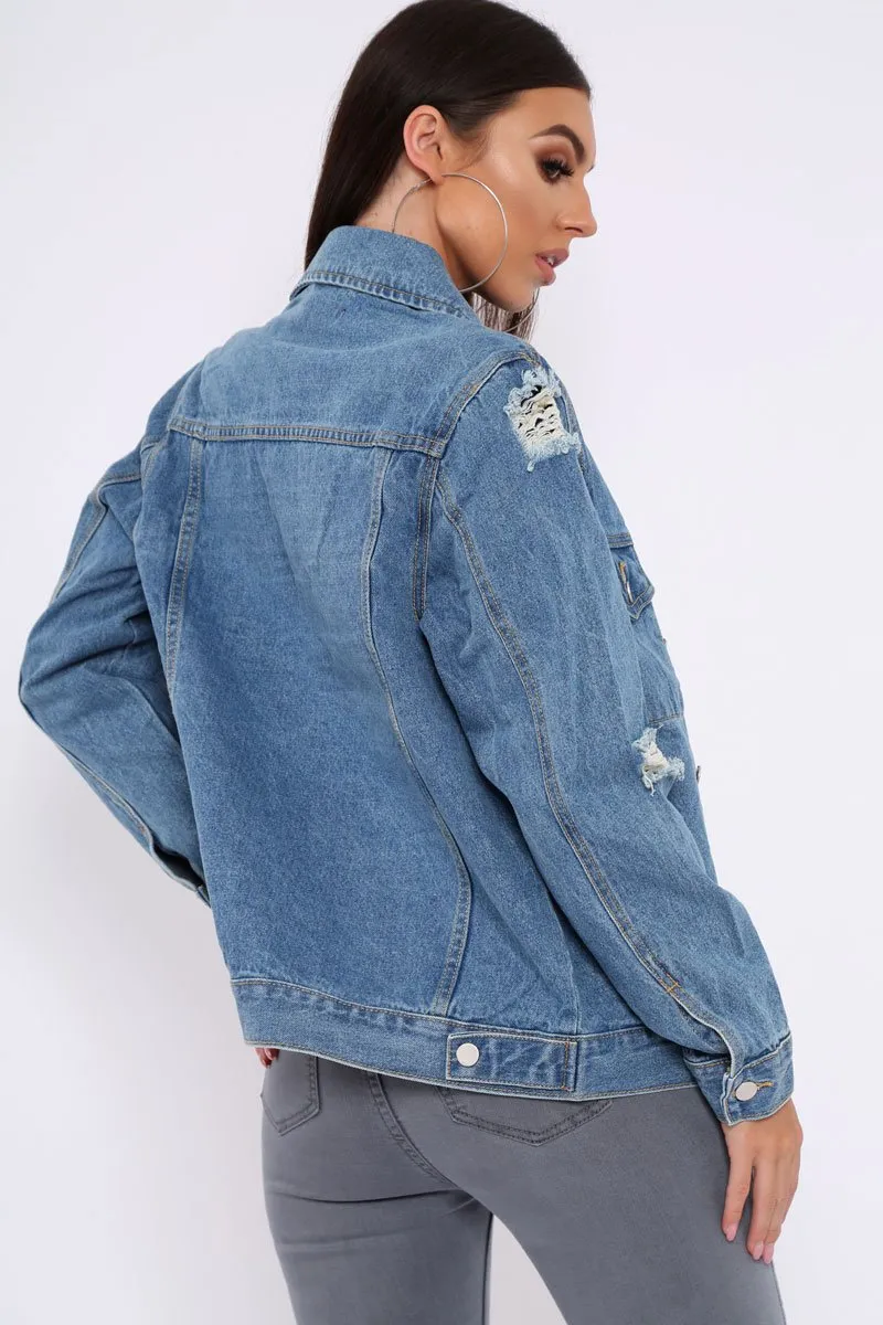 Blue Distressed Denim Jacket - Friya