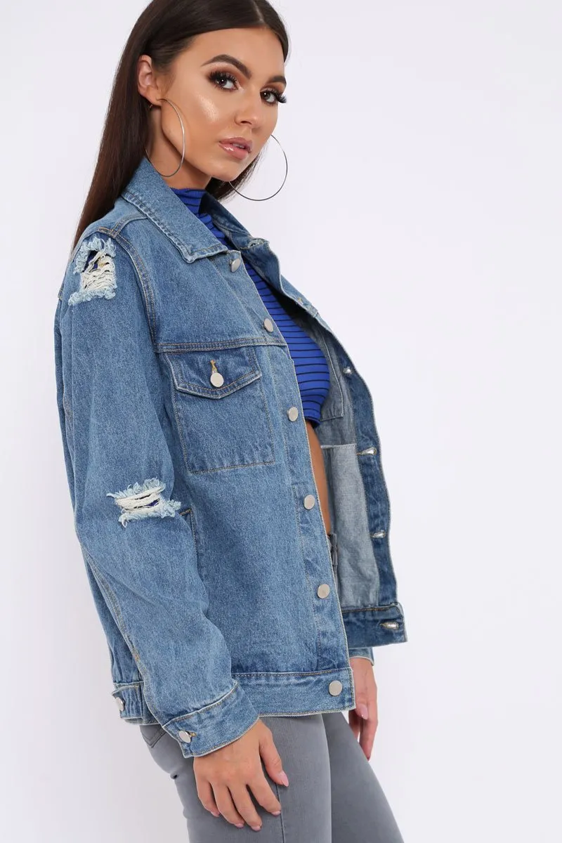 Blue Distressed Denim Jacket - Friya