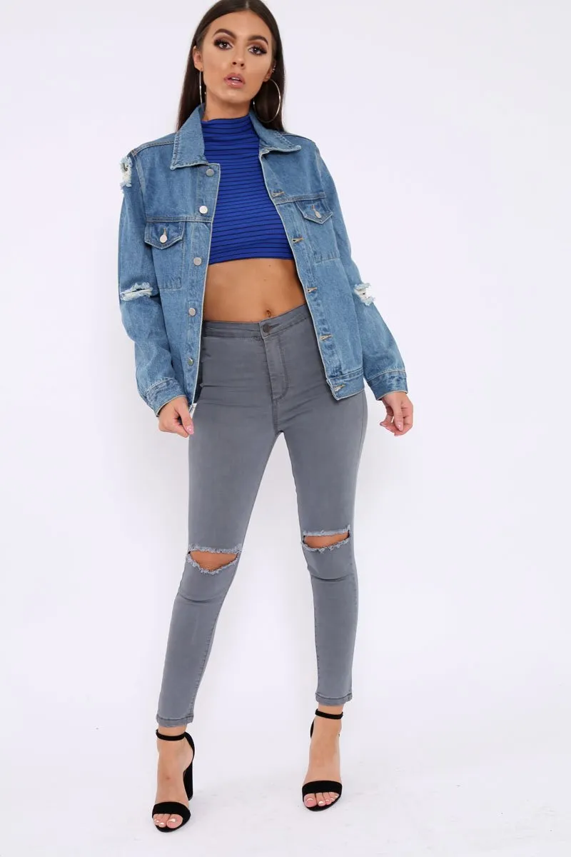 Blue Distressed Denim Jacket - Friya