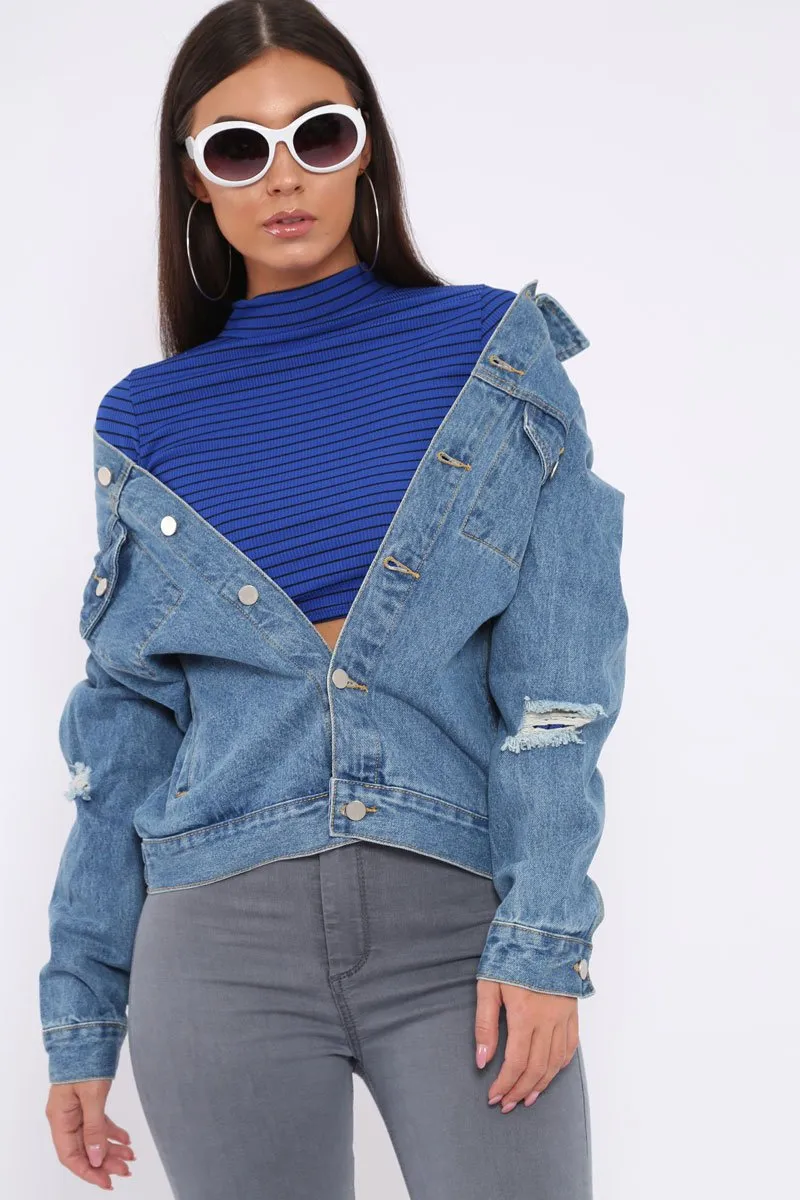 Blue Distressed Denim Jacket - Friya