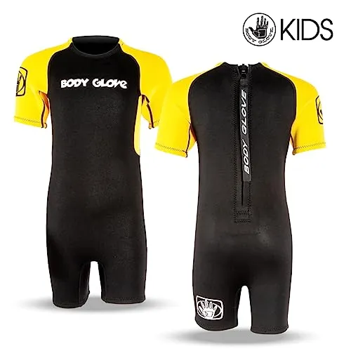 Body Glove Child's Back Zip Pro 3 Spring Suit, Yellow/Black, C4 2.2mm - Kids Suit Girls Swim Wear Shorty Sleeve Neoprene Open Water Thermal Short Pants Legs One Piece Childrens Bodysuit (14158C-C4-YEL/BLK)