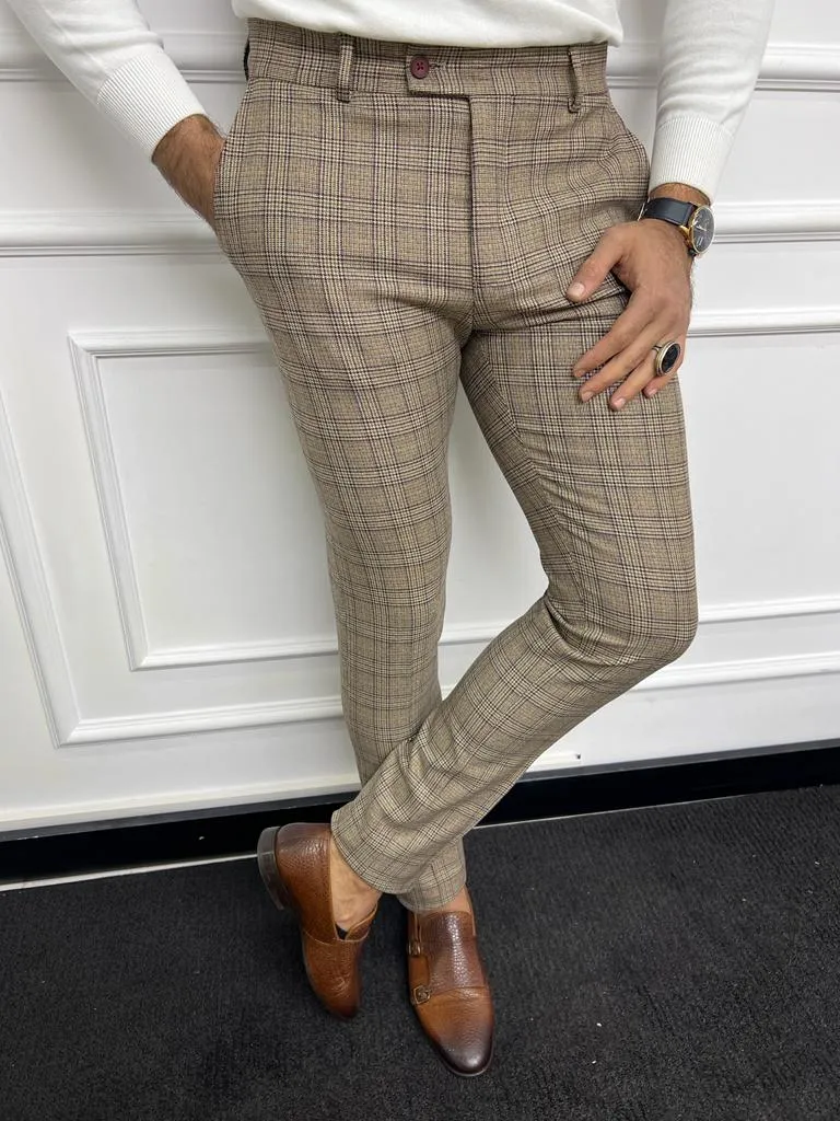 Bojoni Astoria Camel Slim Fit Plaid Wool Pants