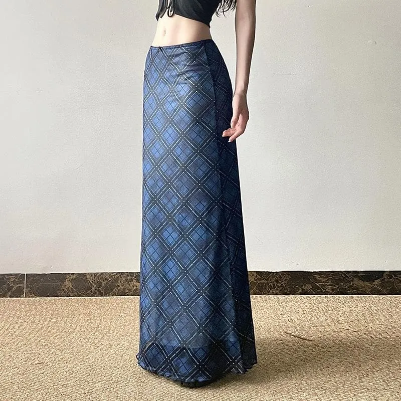 Bowknot mesh ruffle print plaid maxi skirt