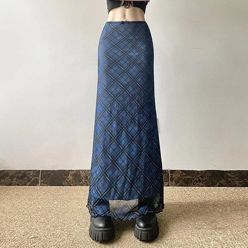 Bowknot mesh ruffle print plaid maxi skirt