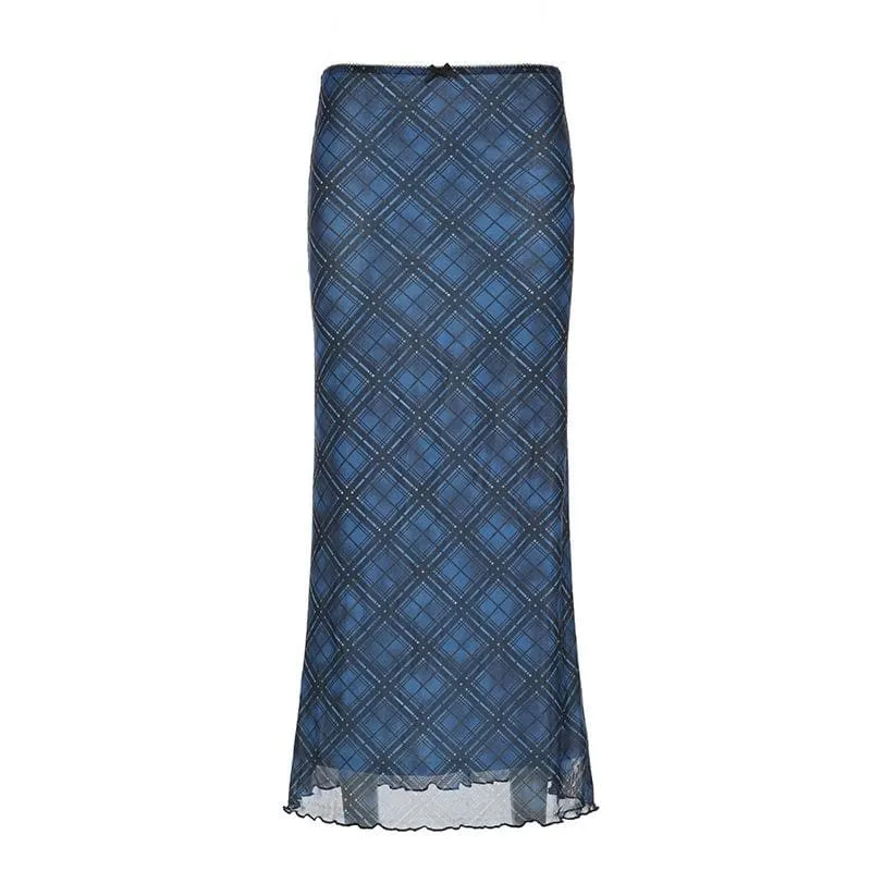 Bowknot mesh ruffle print plaid maxi skirt