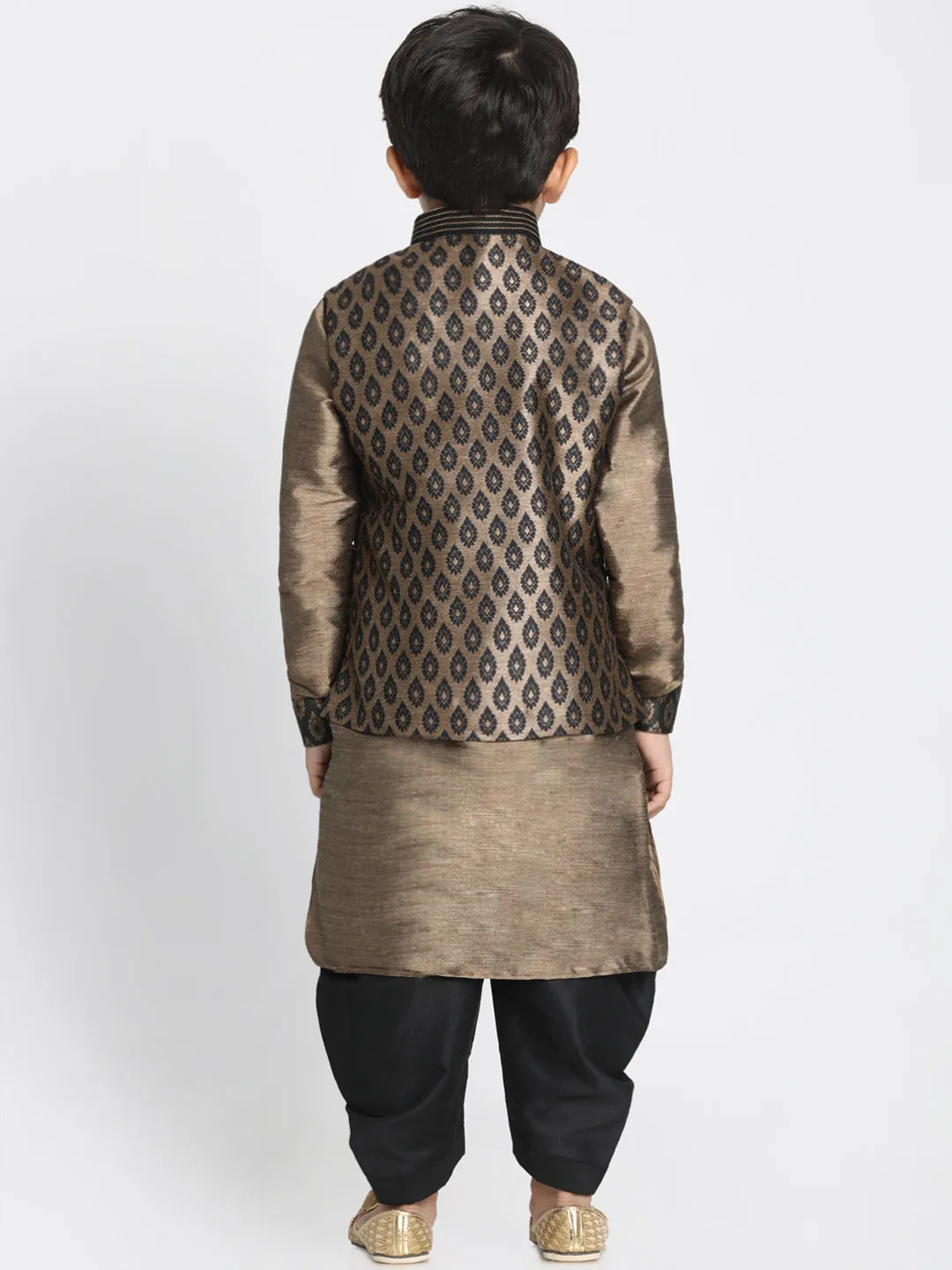 Boy's Black And Gold Silk Blend Jacket, Kurta And Dhoti Set - JBN Creation