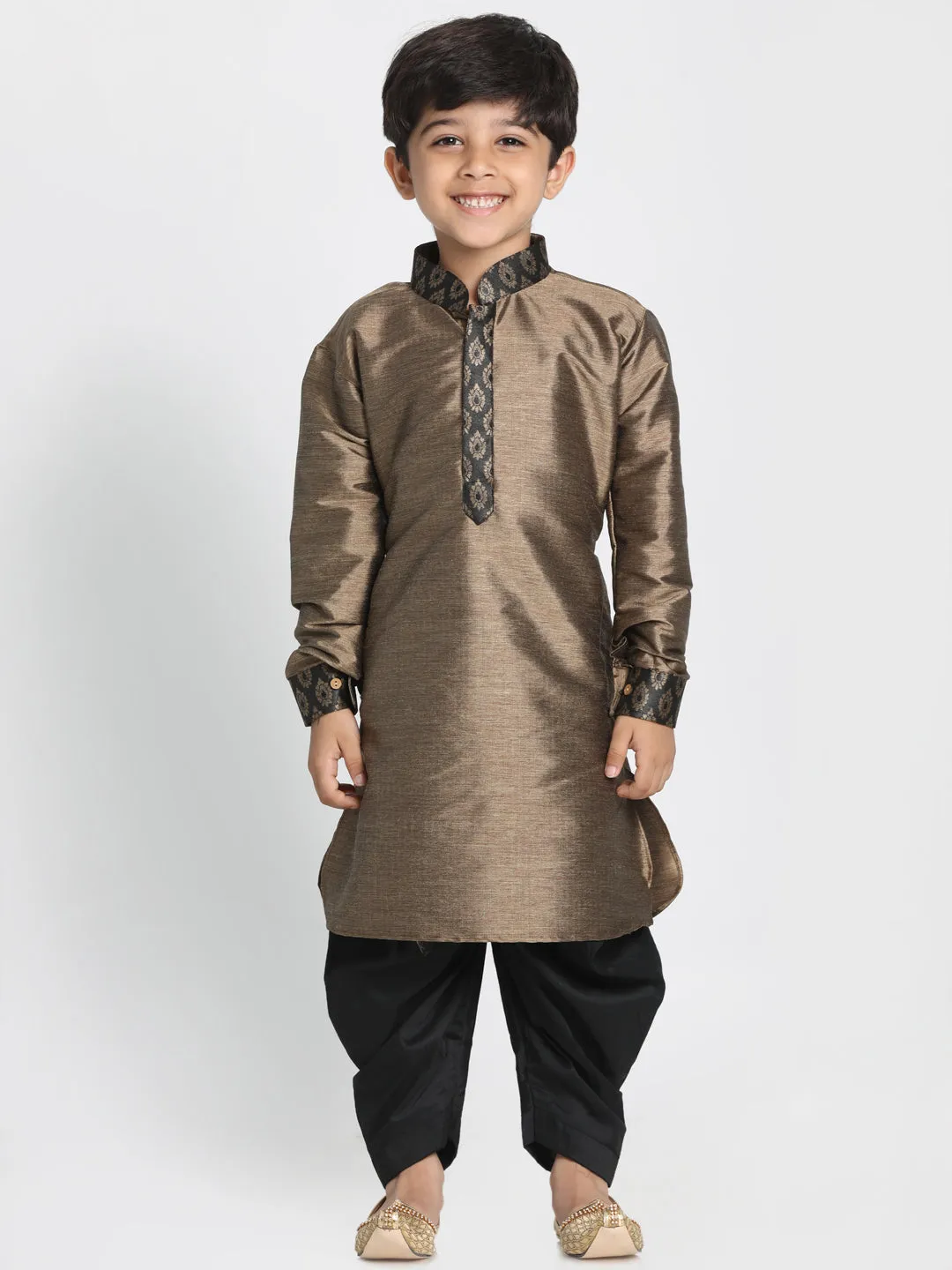 Boy's Black And Gold Silk Blend Jacket, Kurta And Dhoti Set - JBN Creation