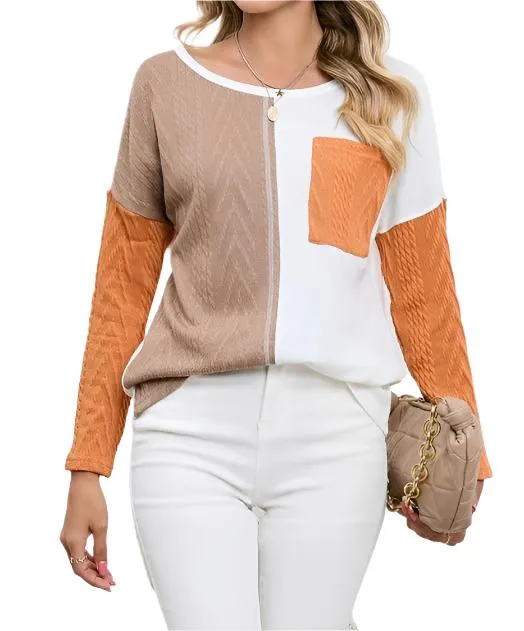 Cable knit color block round neck sweater