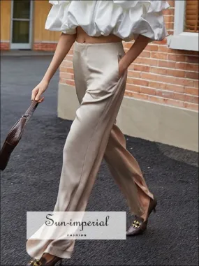 Casual Beige Satin Wide Leg Women full Length High Waist bottom side Split Pants