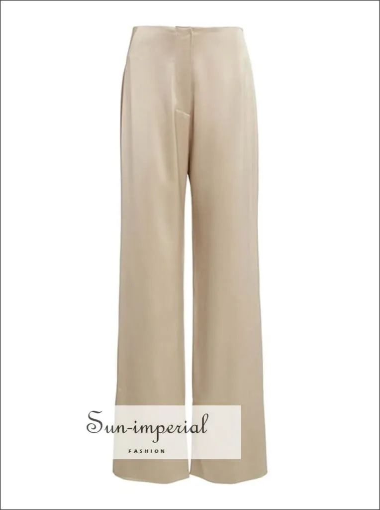 Casual Beige Satin Wide Leg Women full Length High Waist bottom side Split Pants