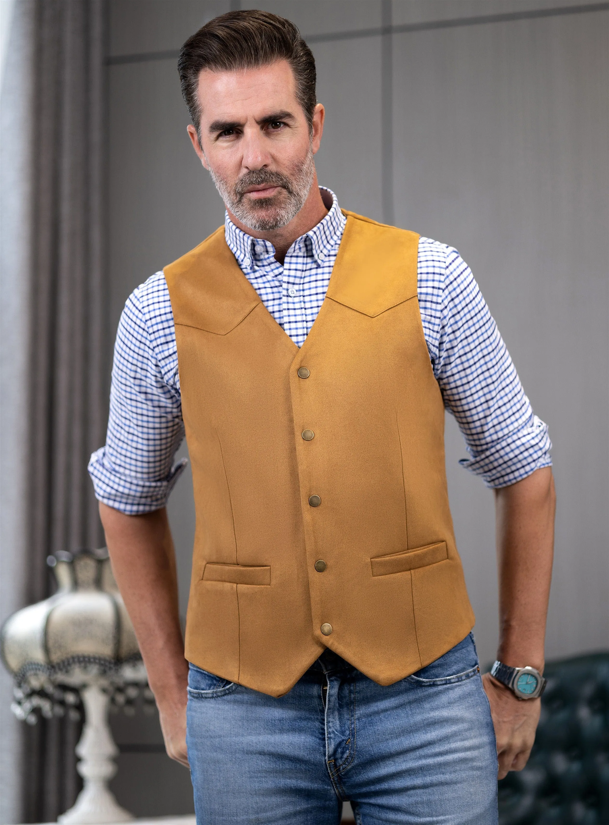 Casual Men's Suede Fashion Cowboy Suit Solid Vest V Neck Waistcoat