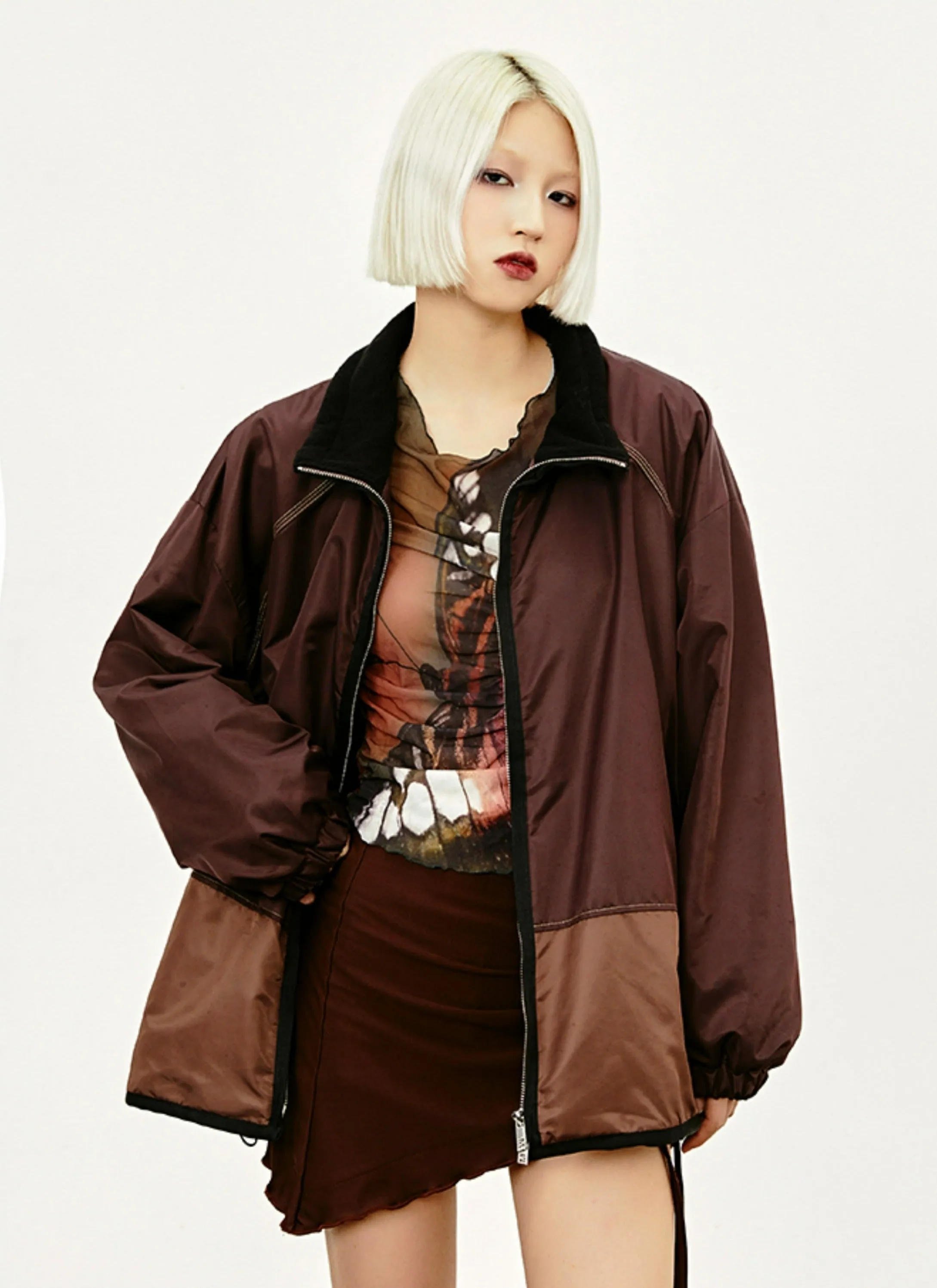 Color Block Loose Zip-Up Jacket